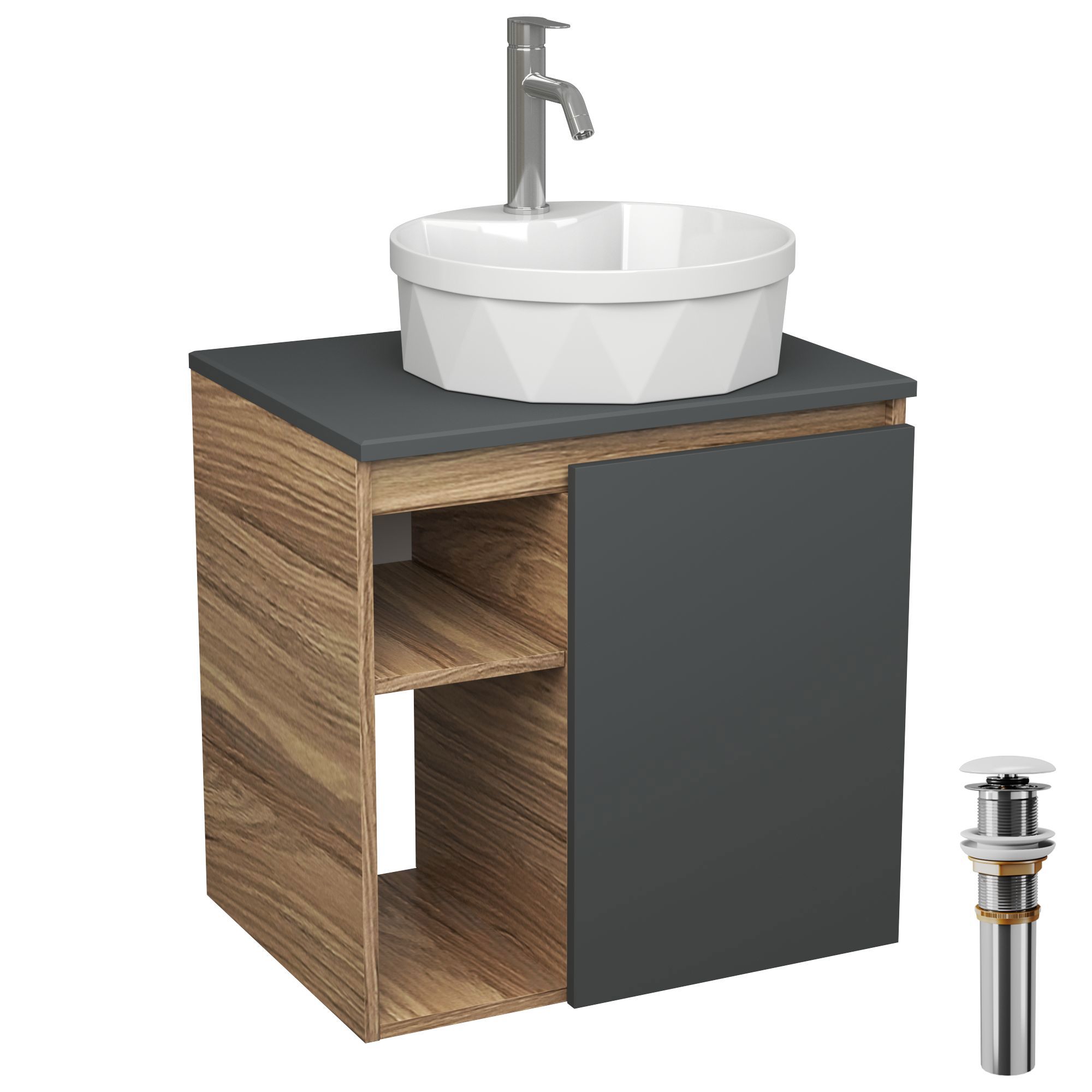 Изображение товара Тумба Bauedge Bau Dream Blackwood 60 правая графит раковина BAU Element Cristal D40 белая смеситель Hotel Dream нерж. сталь выпуск клик клак белый