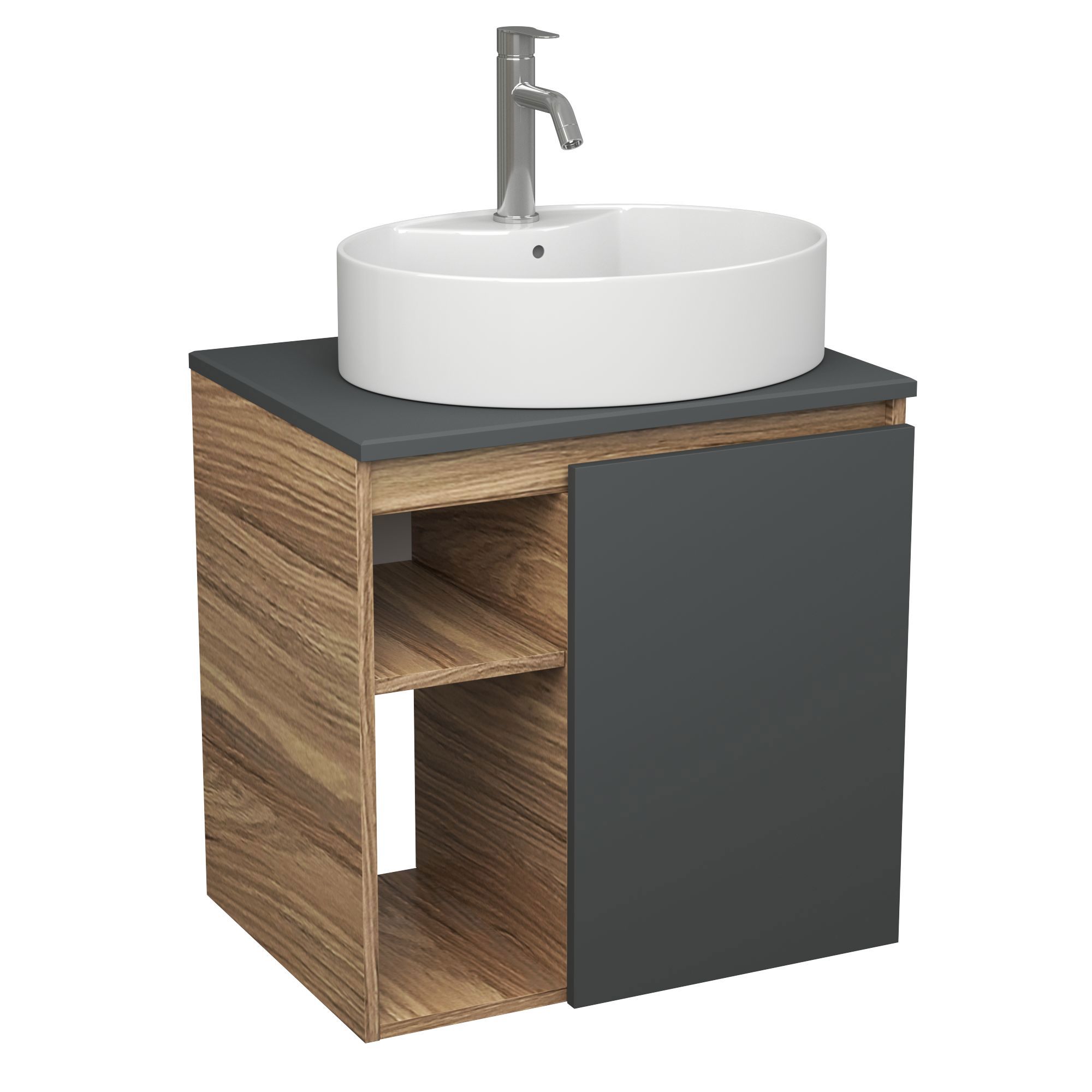 Изображение товара Тумба Bauedge Bau Dream Blackwood 60 правая графит раковина BAU Nimb 51x41 белая смеситель Hotel Dream нерж. сталь