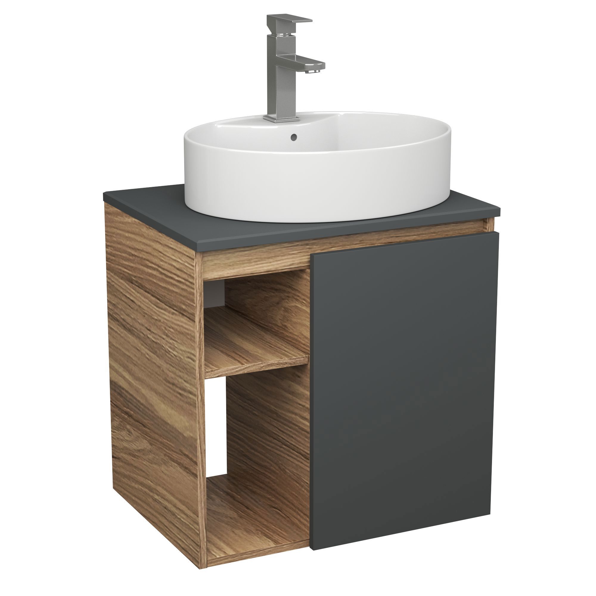 Изображение товара Тумба Bauedge Bau Dream Blackwood 60 правая графит раковина Nimb 51x41 белая смеситель Hotel Still нерж. сталь