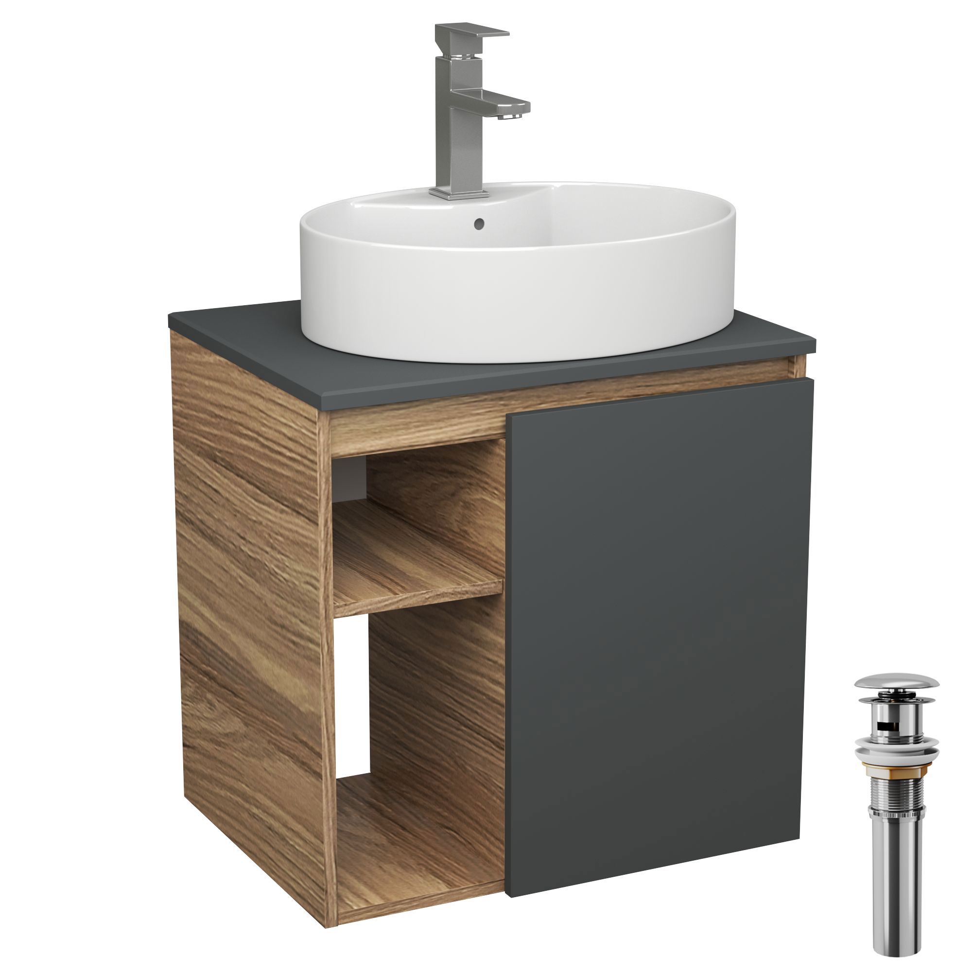 Изображение товара Тумба Bauedge Bau Dream Blackwood 60 правая графит раковина Nimb 51x41 белая смеситель Hotel Still нерж. сталь выпуск клик клак хром Изображение товара Тумба Bauedge Bau Dream Blackwood 60 правая графит раковина Nimb 51x41 белая смеситель Hotel Still нерж. сталь выпуск клик клак хром