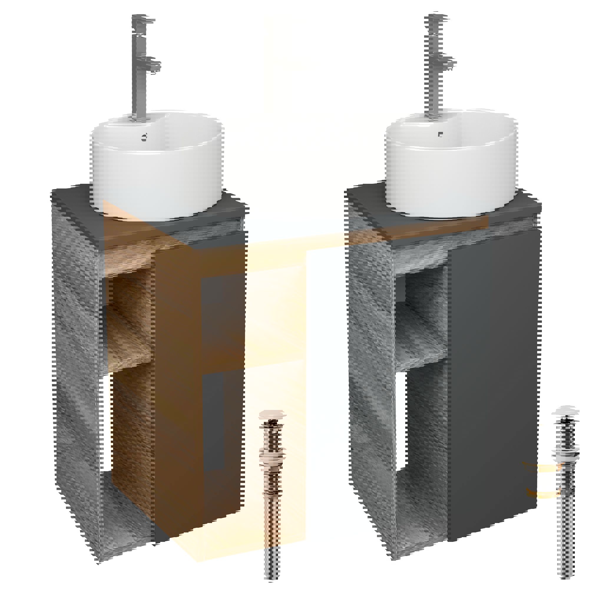 Изображение товара Тумба Bauedge Bau Dream Blackwood 60 правая графит раковина Nimb 51x41 белая смеситель Hotel Still нерж. сталь выпуск клик клак белый