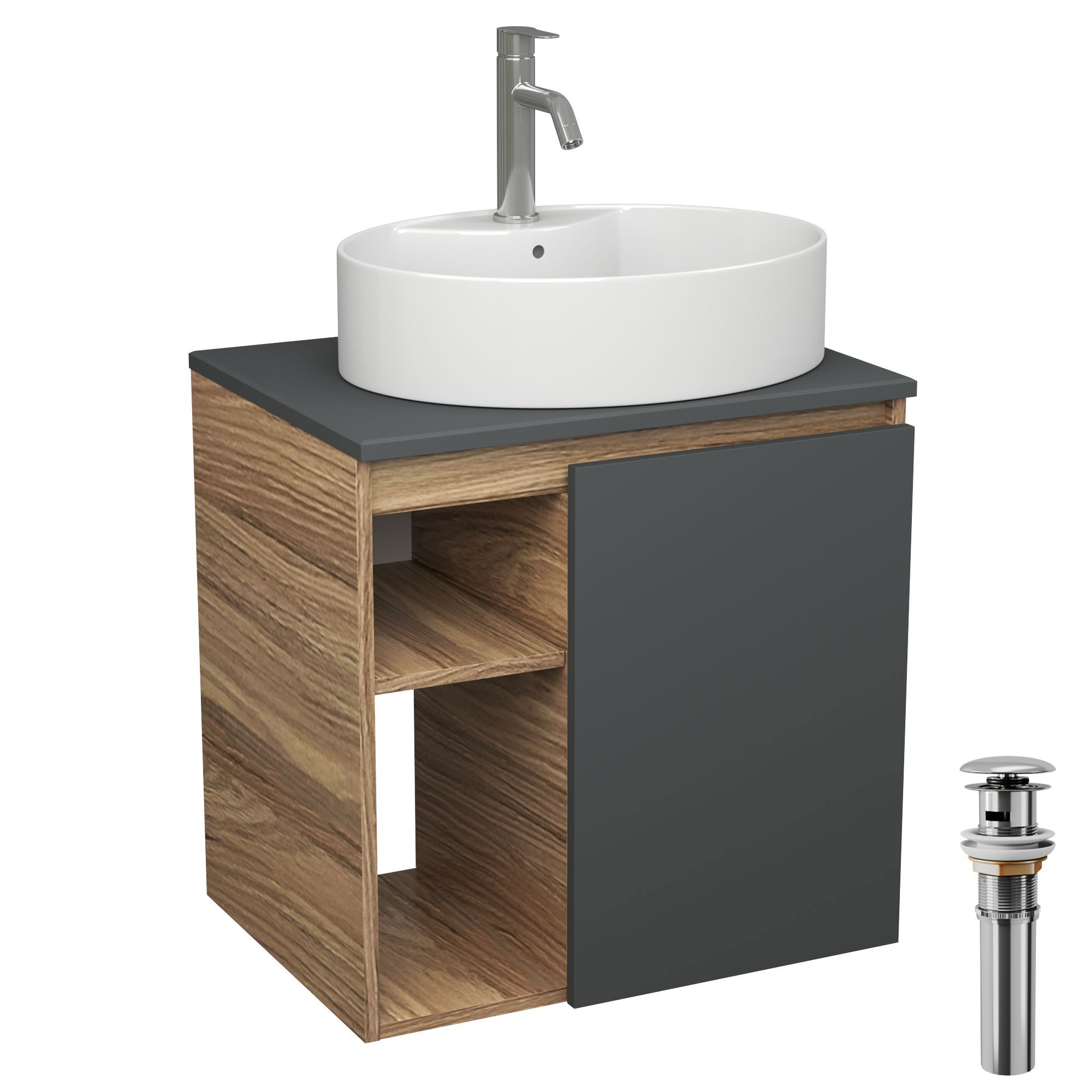 Изображение товара Тумба Bauedge Bau Dream Blackwood 60 правая SD4350, графит, раковина Nimb 51x41 белая, смеситель Hotel Dream, нерж. сталь, выпуск клик клак, хром