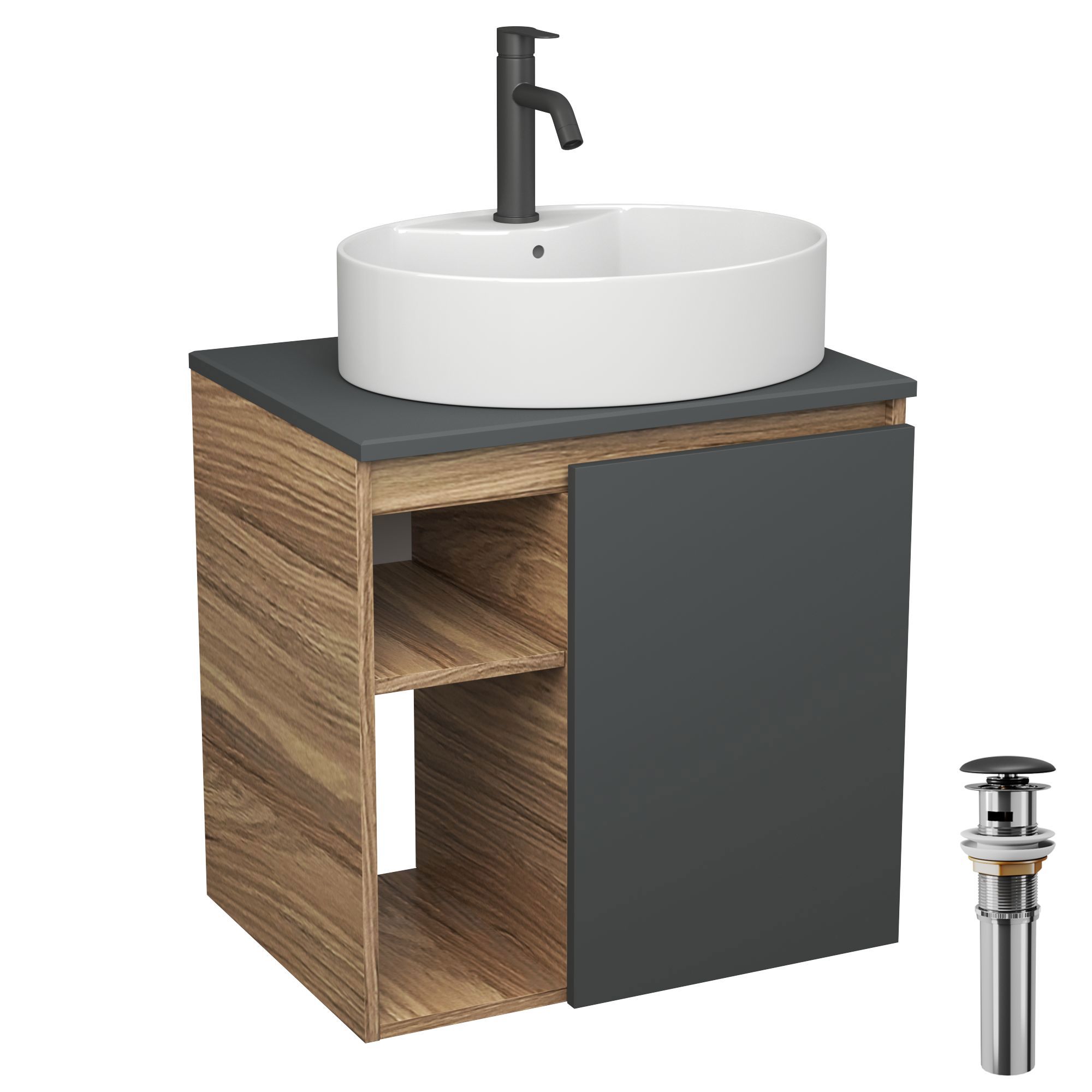 Изображение товара Тумба Bauedge Bau Dream Blackwood 60 правая SD4352 графит раковина BAU Nimb 51x41 белая смеситель Hotel Dream Black черный выпуск клик клак