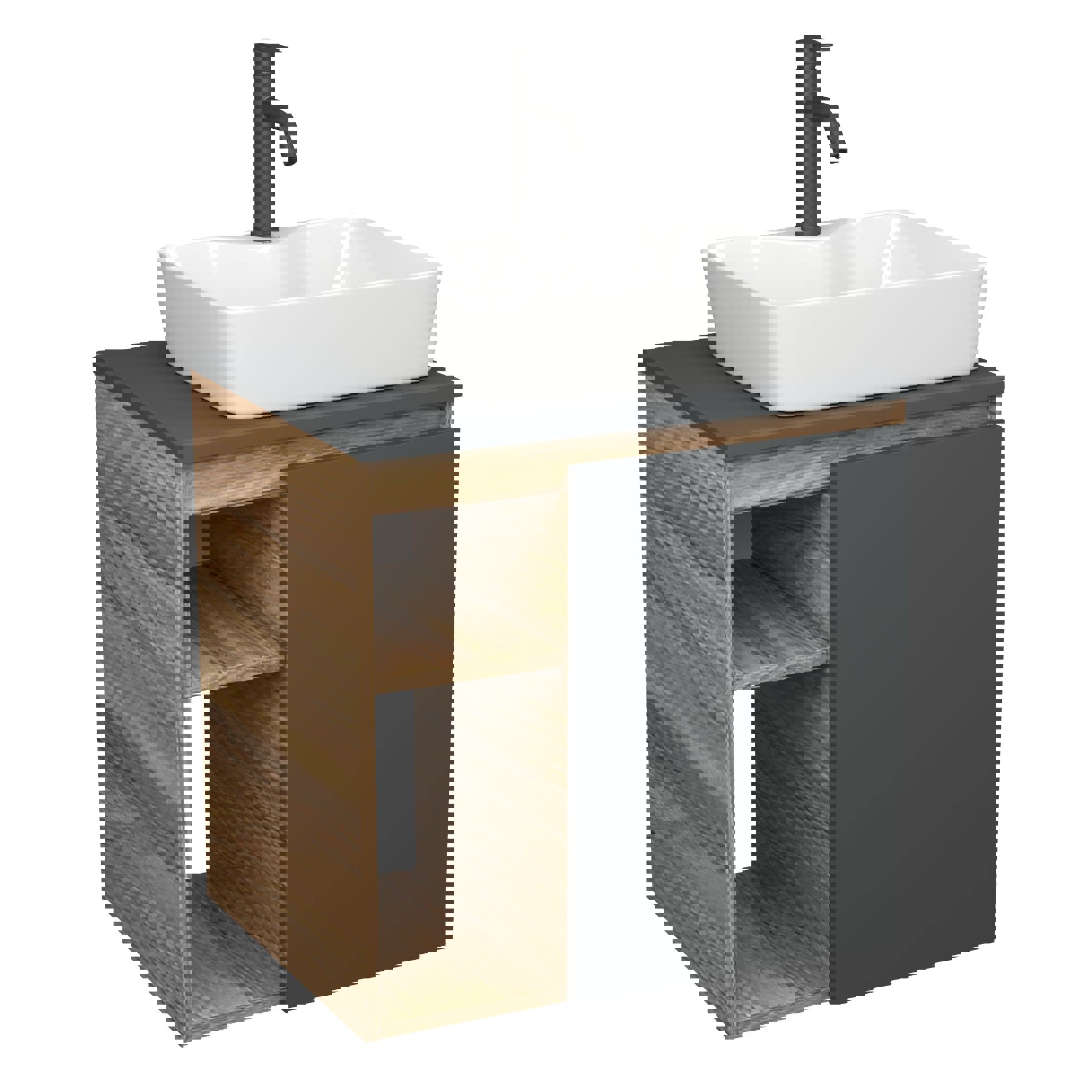 Изображение товара Тумба Bauedge Bau Dream Blackwood 60 правая SD4357, графит, раковина BAU Cerama 48x37 белая, смеситель Hotel Dream Black, нерж. сталь, черный