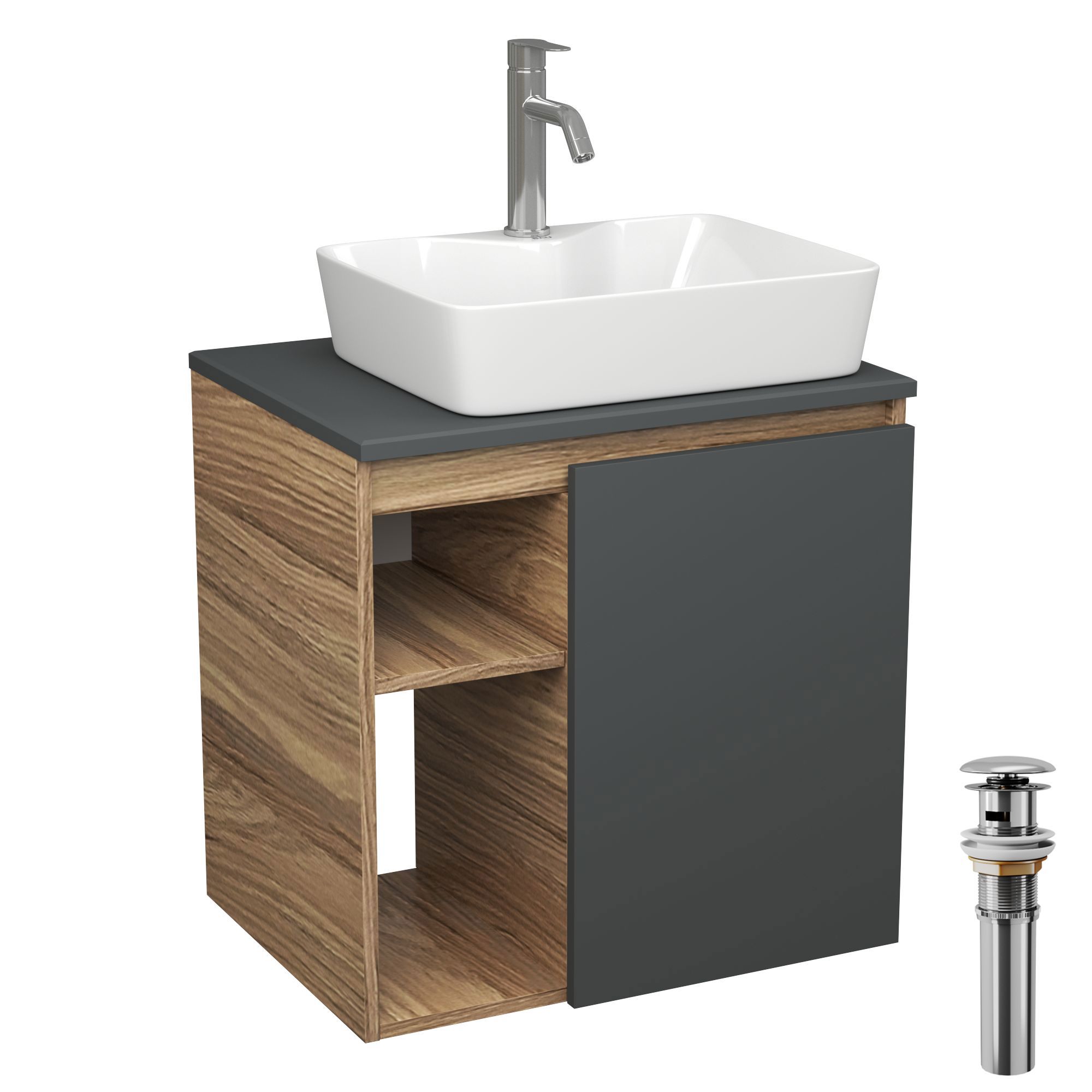 Изображение товара Тумба Bauedge Bau Dream Blackwood 60 правая SD4364 графит раковина BAU Cerama 48x37 белая смеситель Hotel Dream выпуск клик клак хром