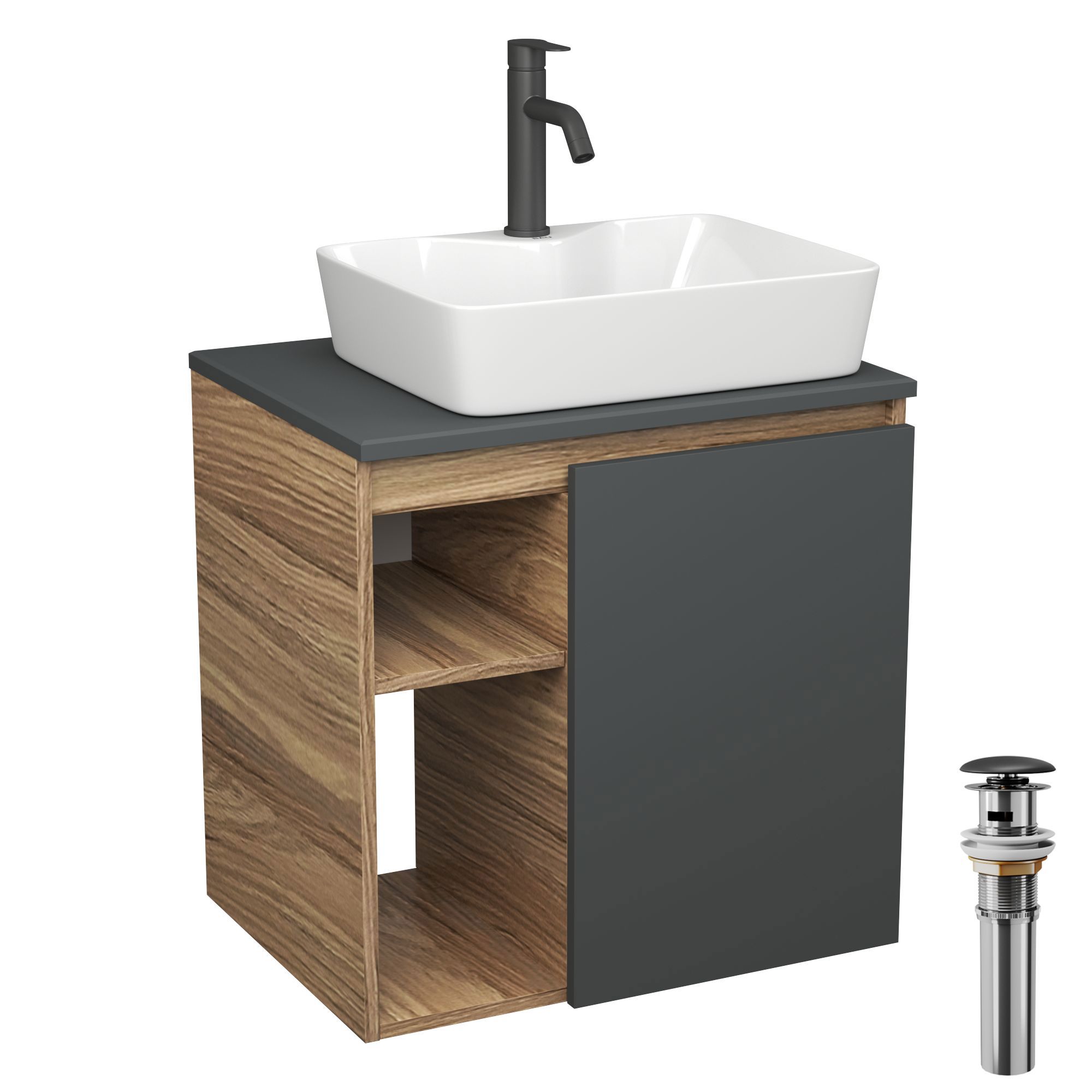 Изображение товара Тумба Bauedge Bau Dream Blackwood 60 правая SD4366 графит раковина BAU Cerama 48x37 белая смеситель Hotel Dream Black Черный