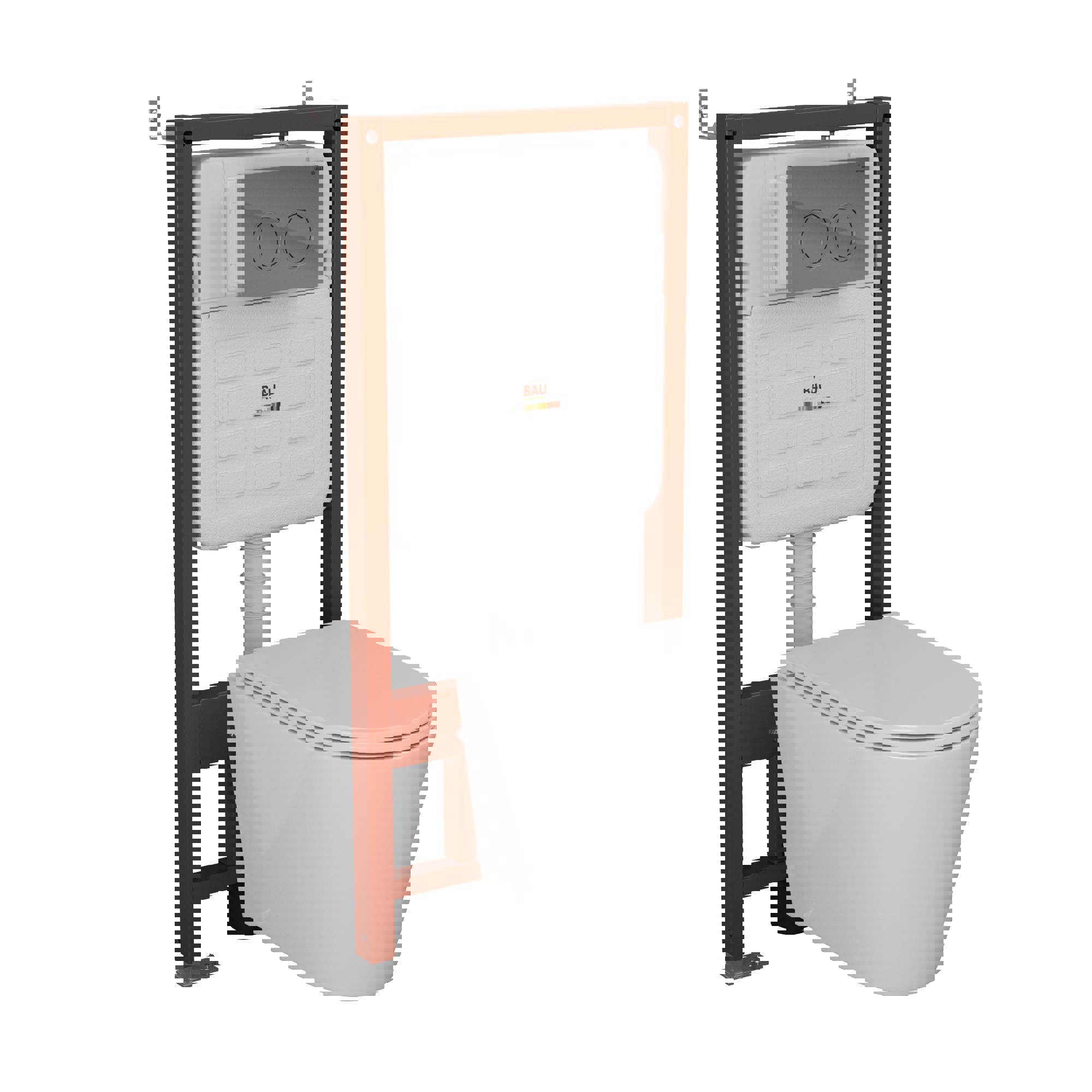 Изображение товара Комплект инсталляции Bauedge Bau Ideal E458103-BK0001-HQ2-E00113, с унитазом безободковым Nimb ,52x36 Hurricane-2 клавиша Round, хром