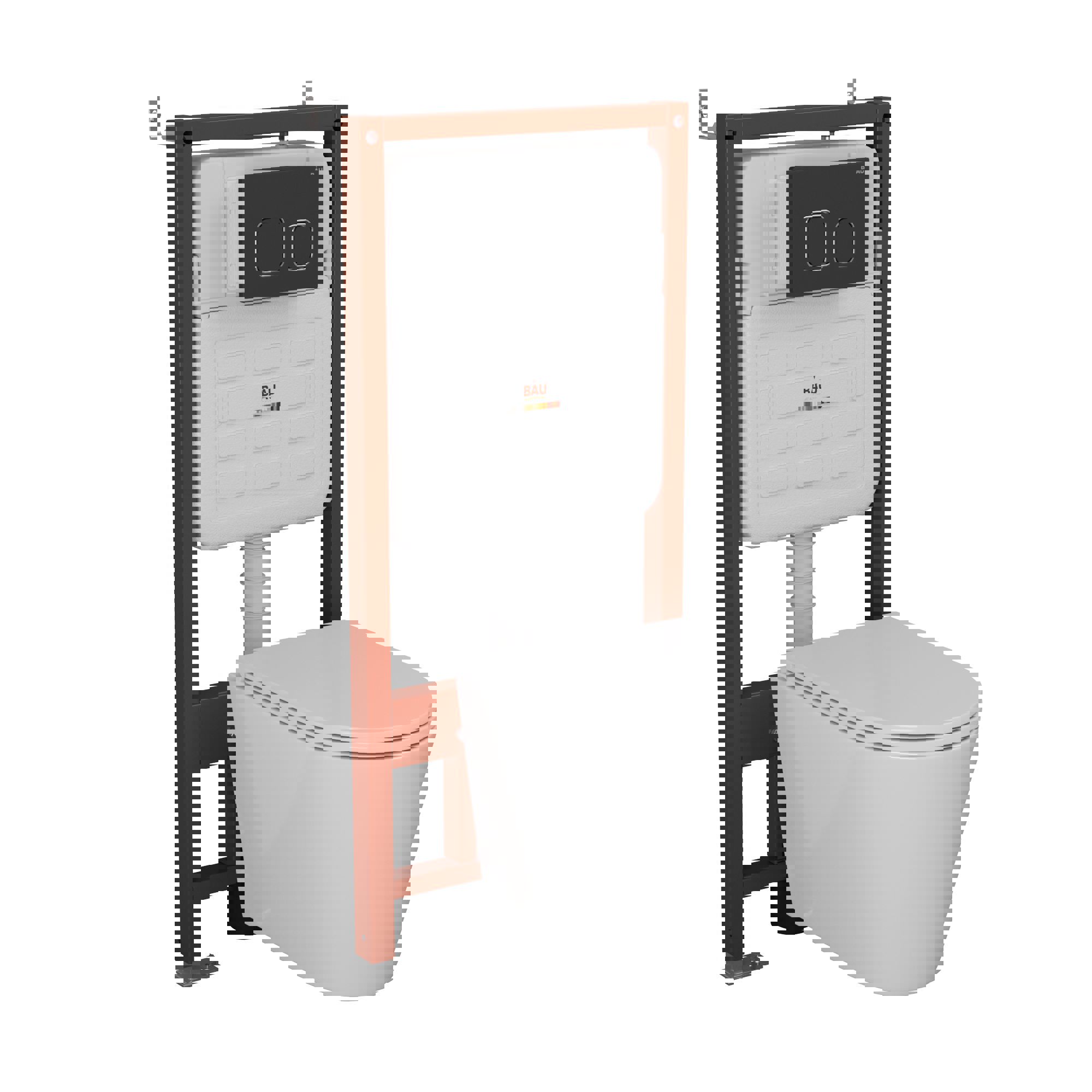 Изображение товара Комплект инсталляции Bauedge Bau Ideal E458103-BK0001-HQ2-E00103, с унитазом безободковым Nimb 52x36 Hurricane-2 клавиша Strike черная матовая
