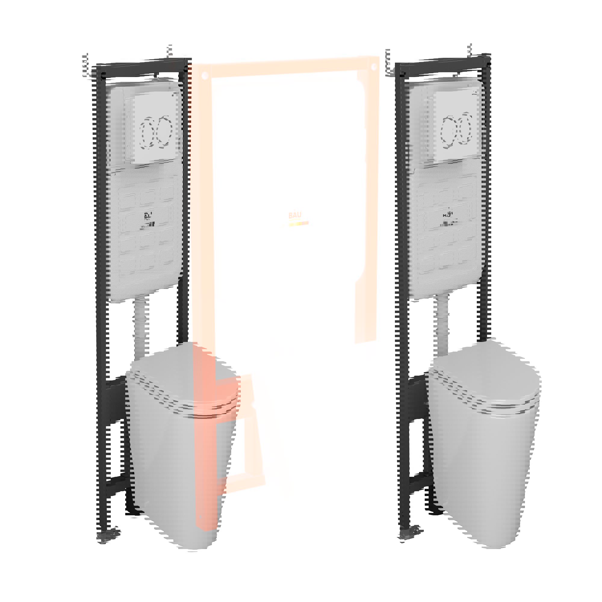Изображение товара Комплект инсталляции Bauedge Bau Ideal E458103-BK0001-HQ2-E00116, с унитазом безободковым Nimb ,52x36 Hurricane-2 клавиша Round, белый/хром