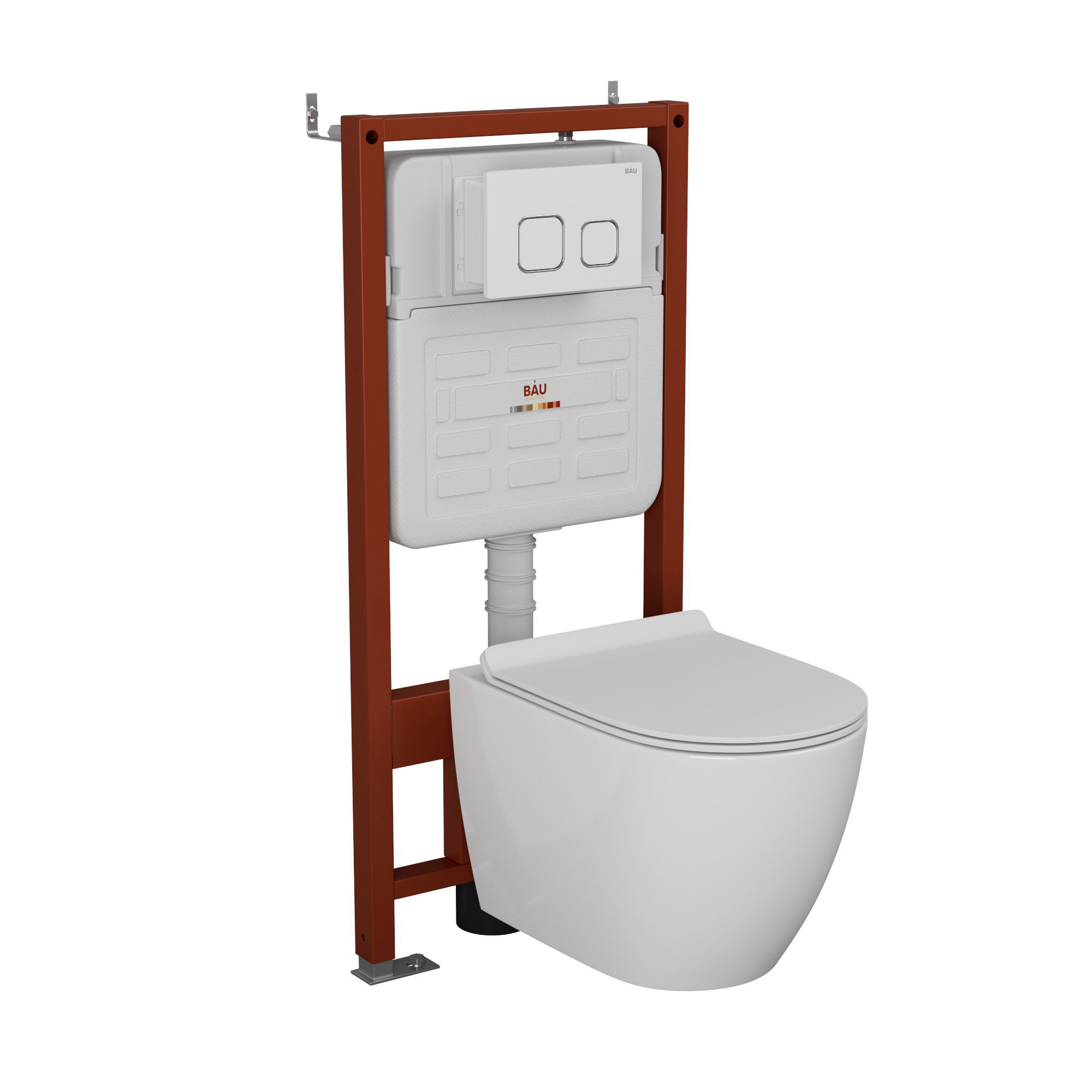 Изображение товара Комплект инсталляции Bauedge Bau Ideal E458103-BL0001-E00104, с унитазом безободковым Dream клавиша Strike, белая/хром Изображение товара Комплект инсталляции Bauedge Bau Ideal E458103-BL0001-E00104, с унитазом безободковым Dream клавиша Strike, белая/хром