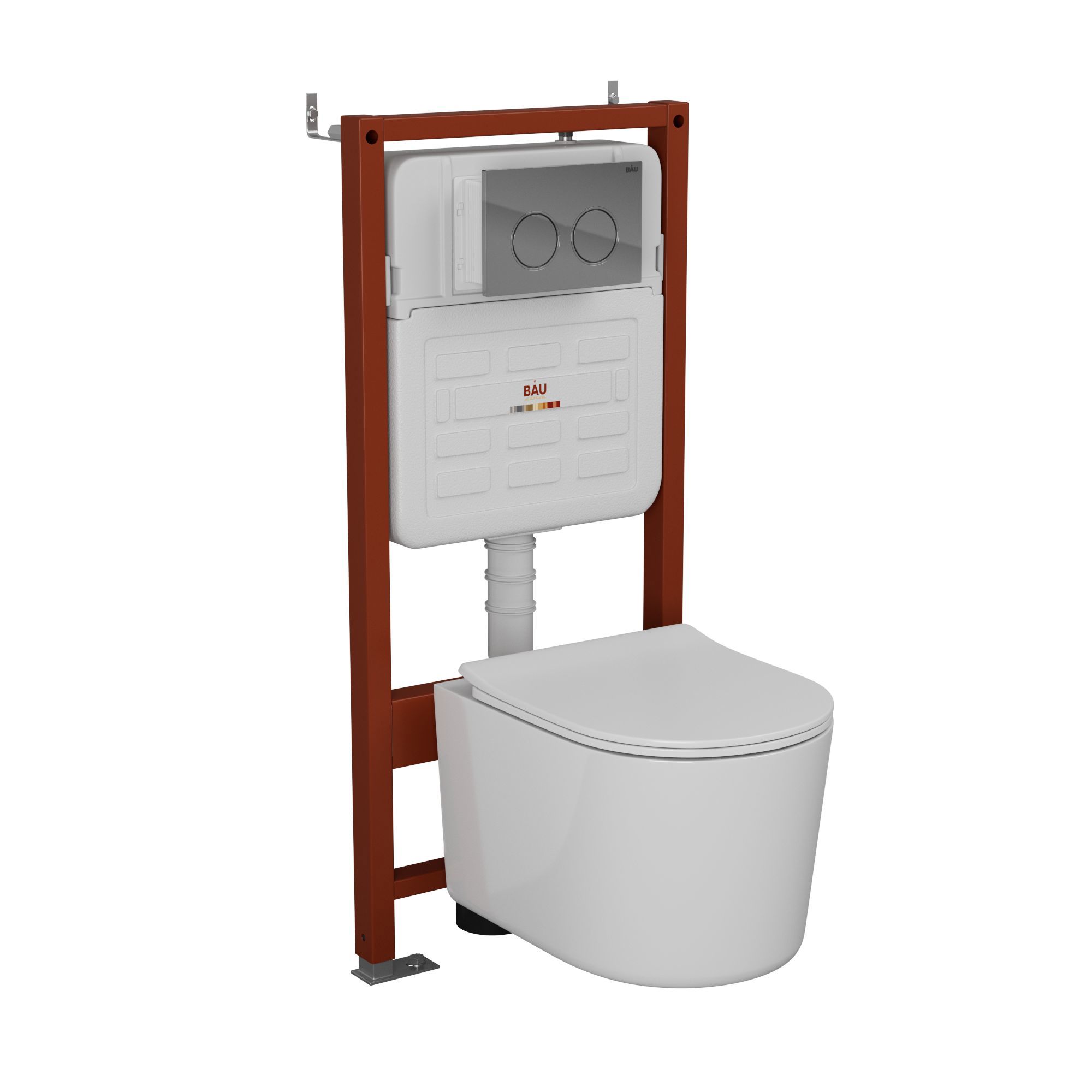 Изображение товара Комплект инсталляции Bauedge Bau Ideal E458103-NM0003-PRO-E00113, с унитазом безободковым Hotel Pro клавиша Round, хром