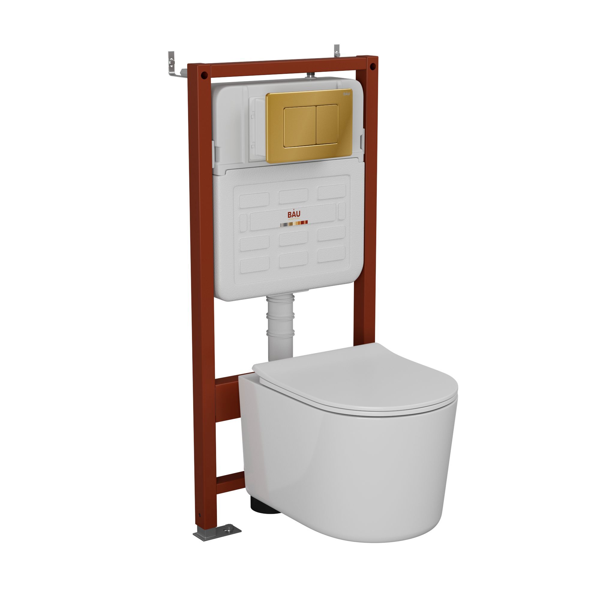 Изображение товара Комплект инсталляции Bauedge Bau Ideal E458103-NM0003-PRO-E00108, с унитазом безободковым Hotel Pro клавиша Light нержавеющая сталь золото