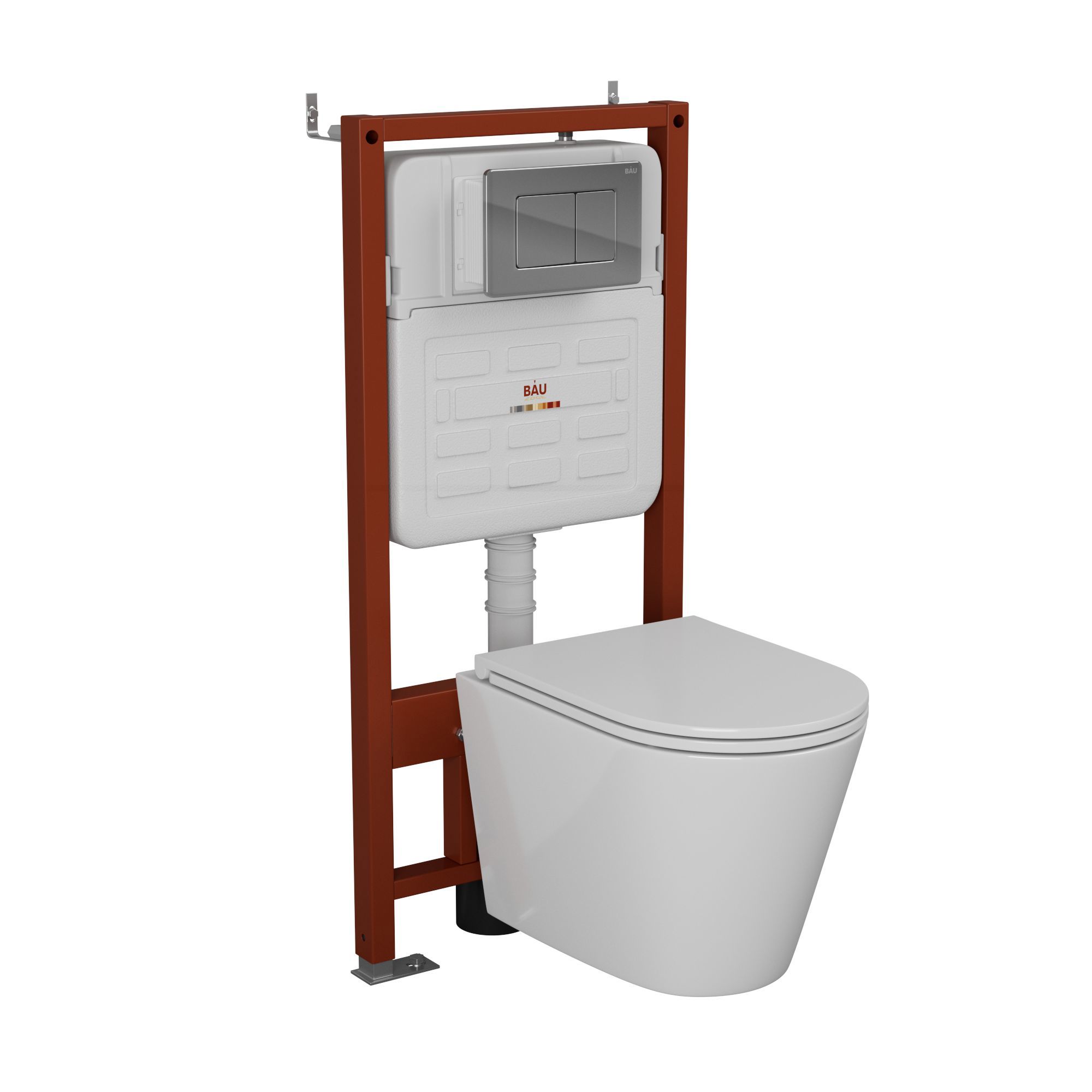 Изображение товара Комплект инсталляции Bauedge Bau Ideal E458103-BK0001-HQ2-E00105 унитаз безободковый Nimb Hurricane-2 клавиша Light, нержавеющая сталь хром