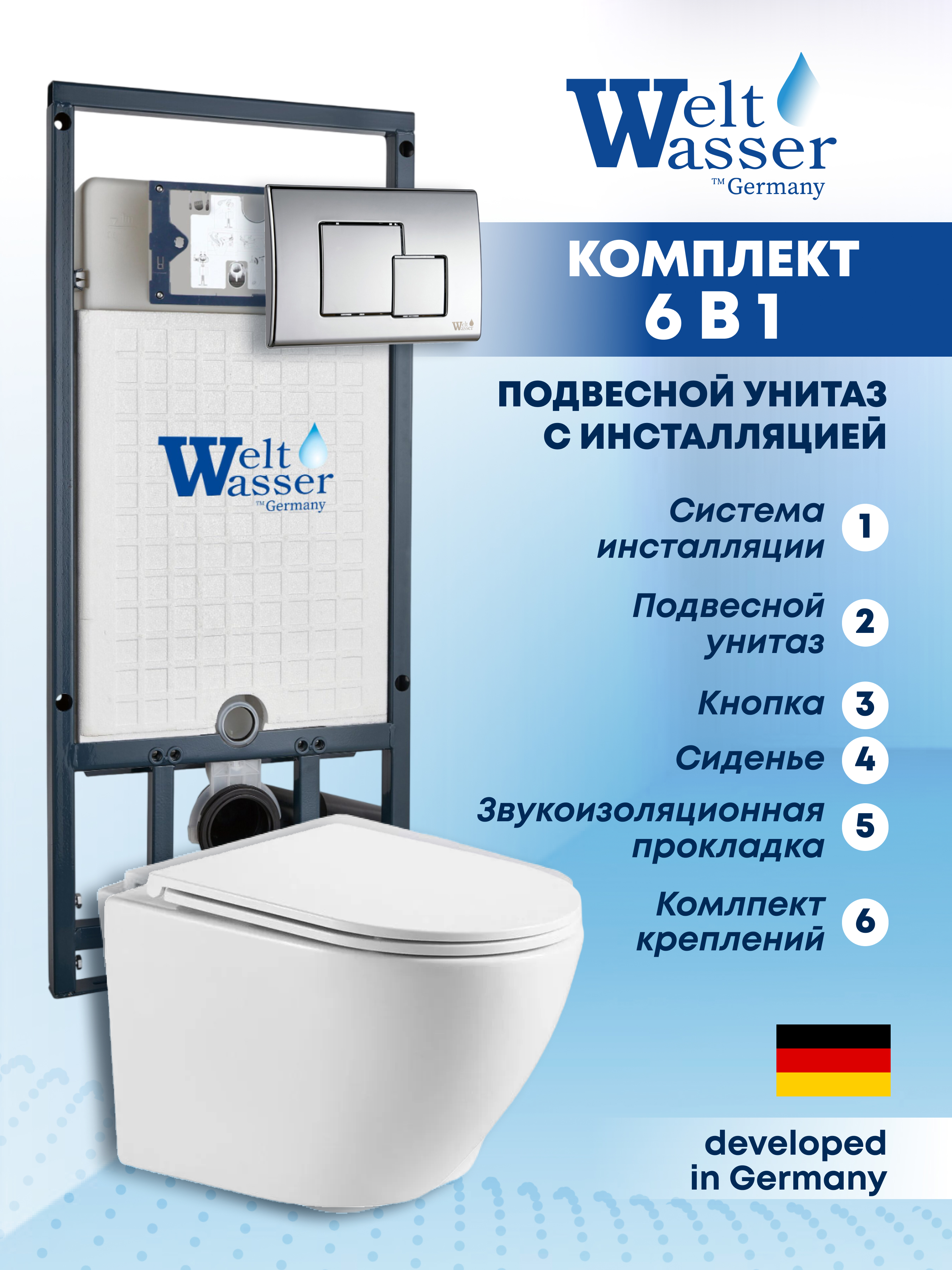 Изображение товара Комплект инсталляции с унитазом Weltwasser MM50760 белый, подвесной, безободковый