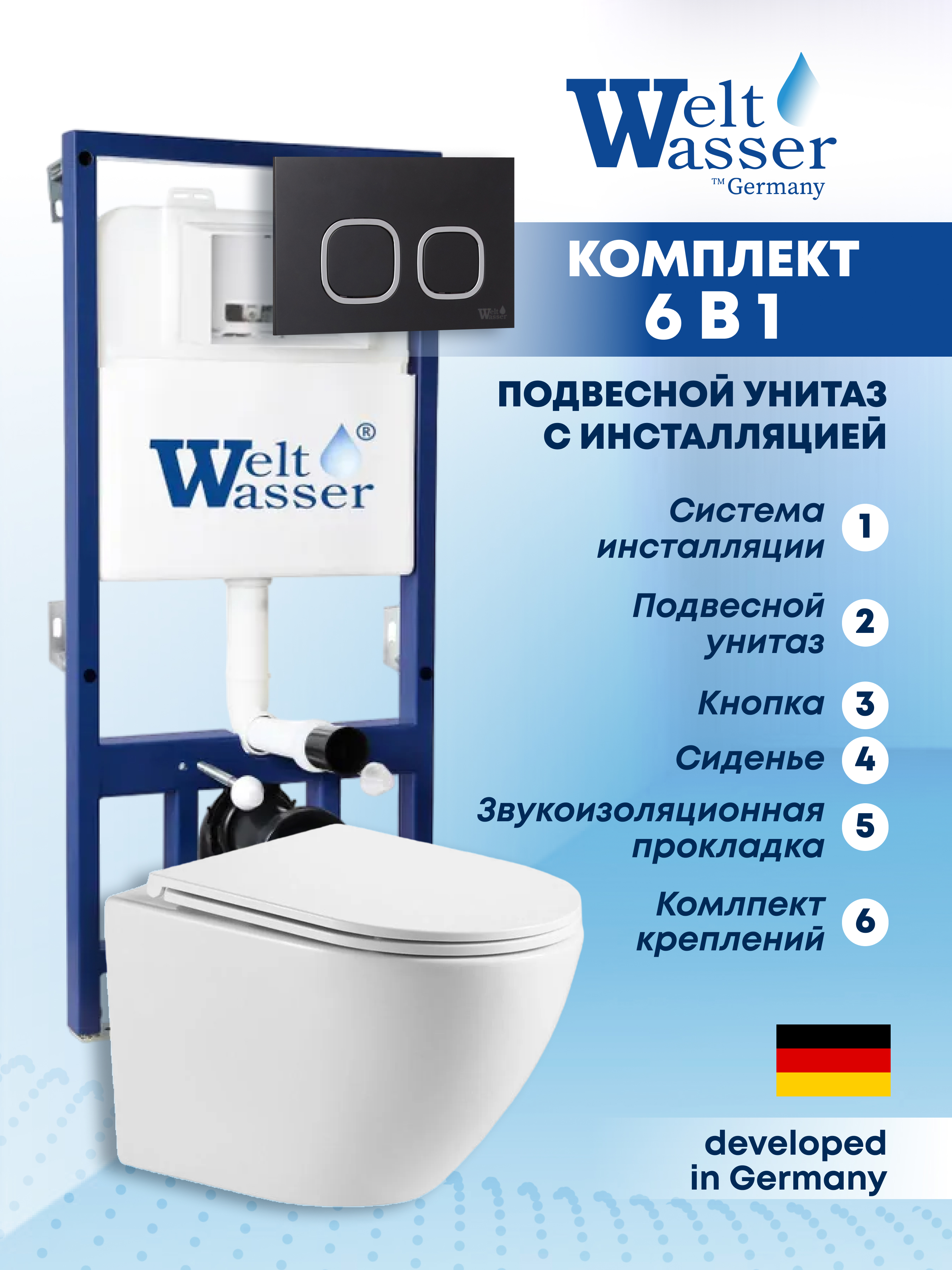 Изображение товара Подвесной унитаз Weltwasser BM52510 6 в 1 безободковый с инсталляцией и кнопкой черная матовая