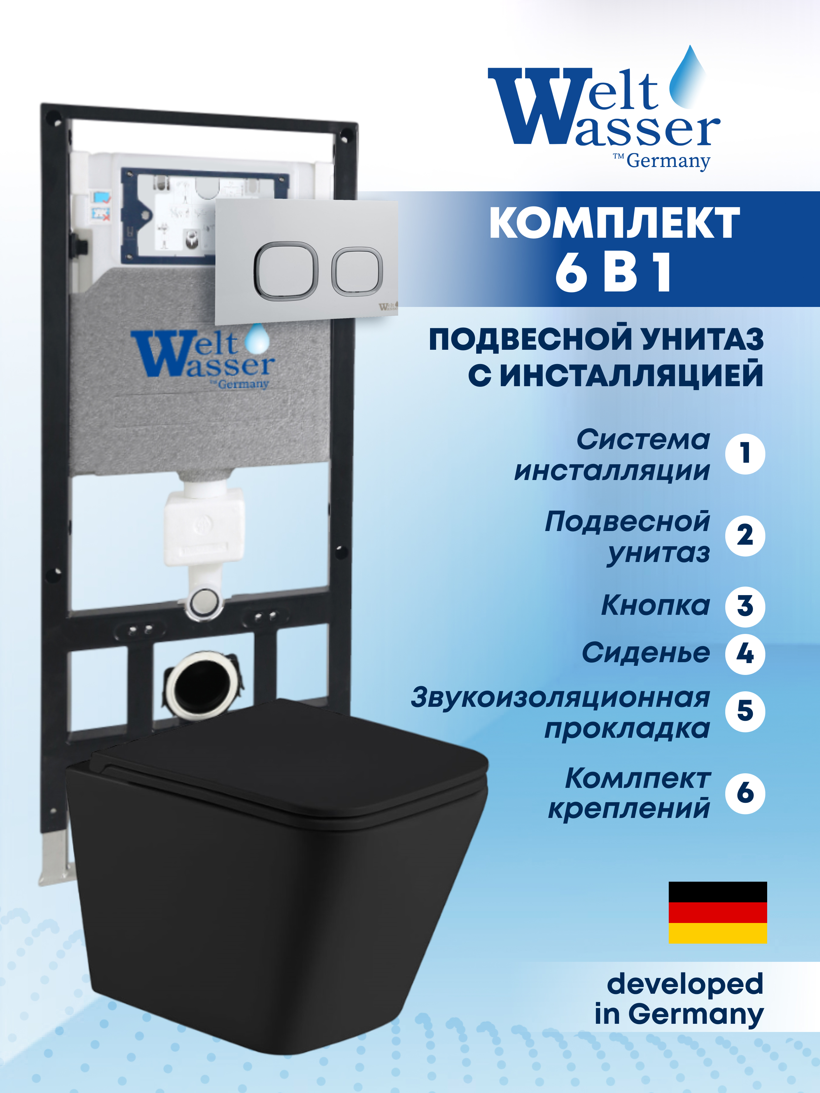 Изображение товара Комплект Weltwasser AG50643 6 в 1 подвесной унитаз черный матовый