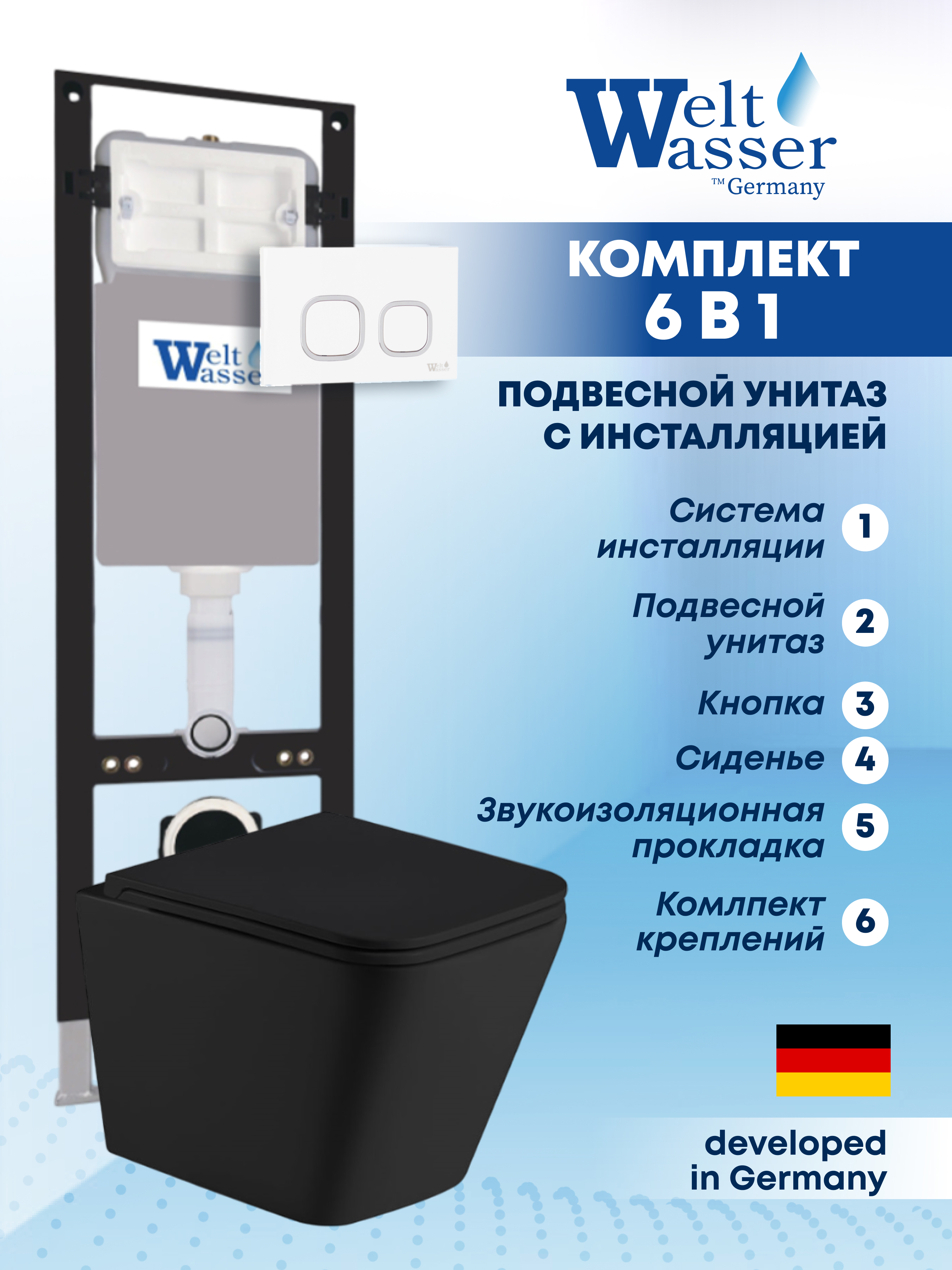 Изображение товара Комплект Weltwasser AG35024 6 в 1: Подвесной унитаз черный матовый, инсталляция, кнопка белая глянцевая закругленный квадрат
