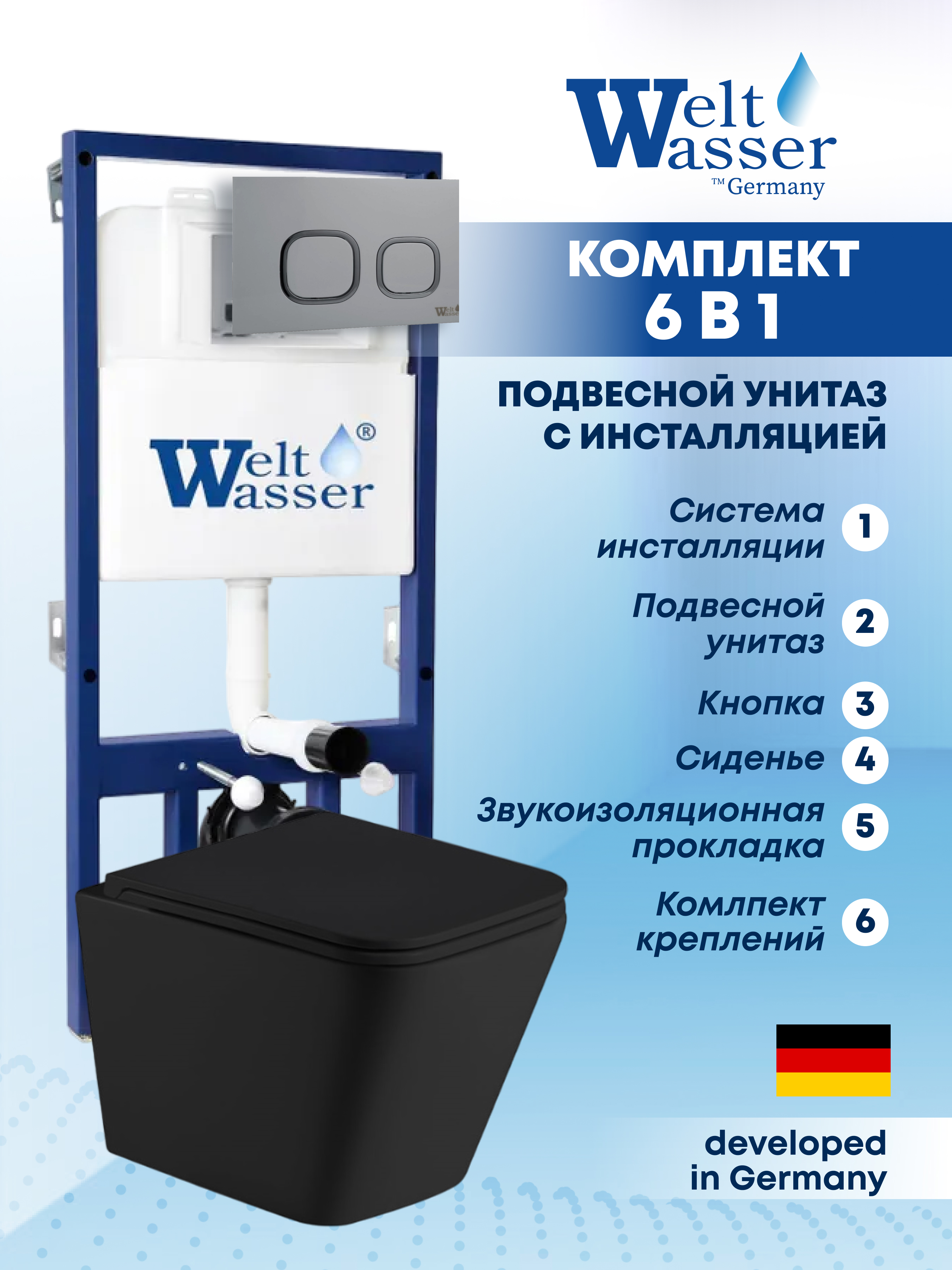 Изображение товара Комплект Weltwasser BG52517 6 в 1: подвесной унитаз черный матовый, инсталляция, кнопка
