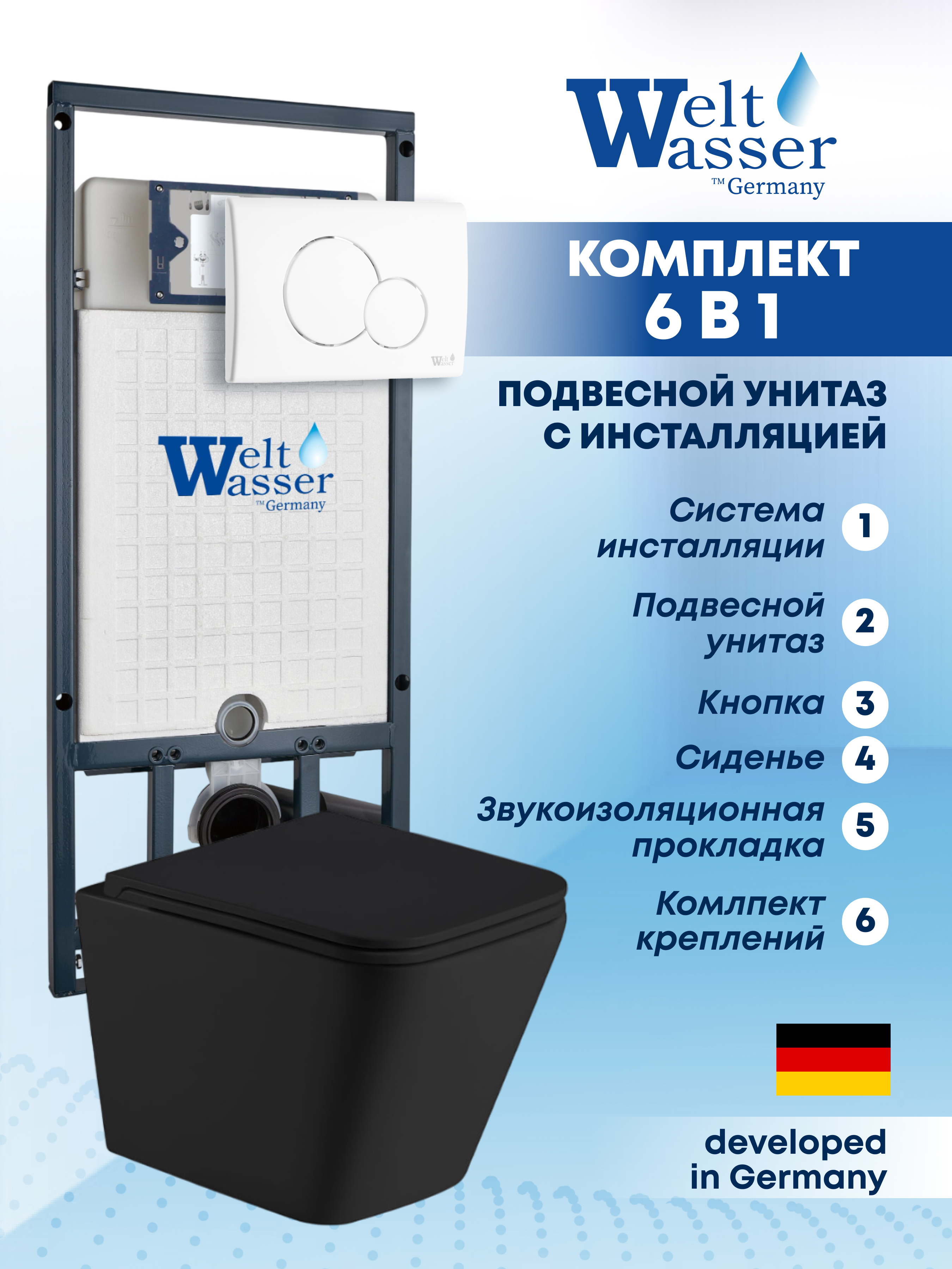 Изображение товара Комплект Weltwasser MG50761 6 в 1: Подвесной унитаз черный матовый, инсталляция, кнопка белая глянцевая круглая