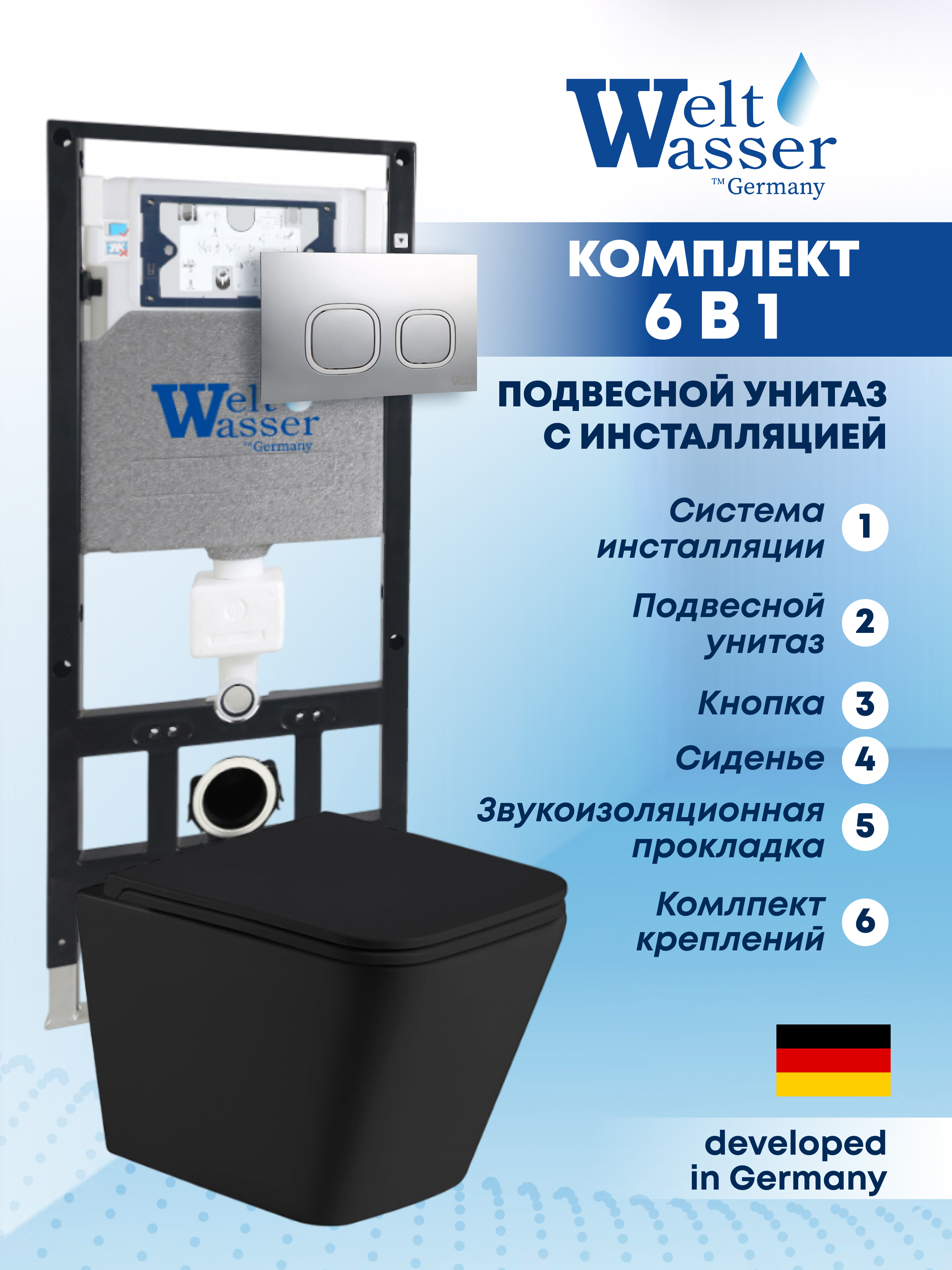 Изображение товара Комплект Weltwasser AG50642 6 в 1 подвесной черный унитаз инсталляция