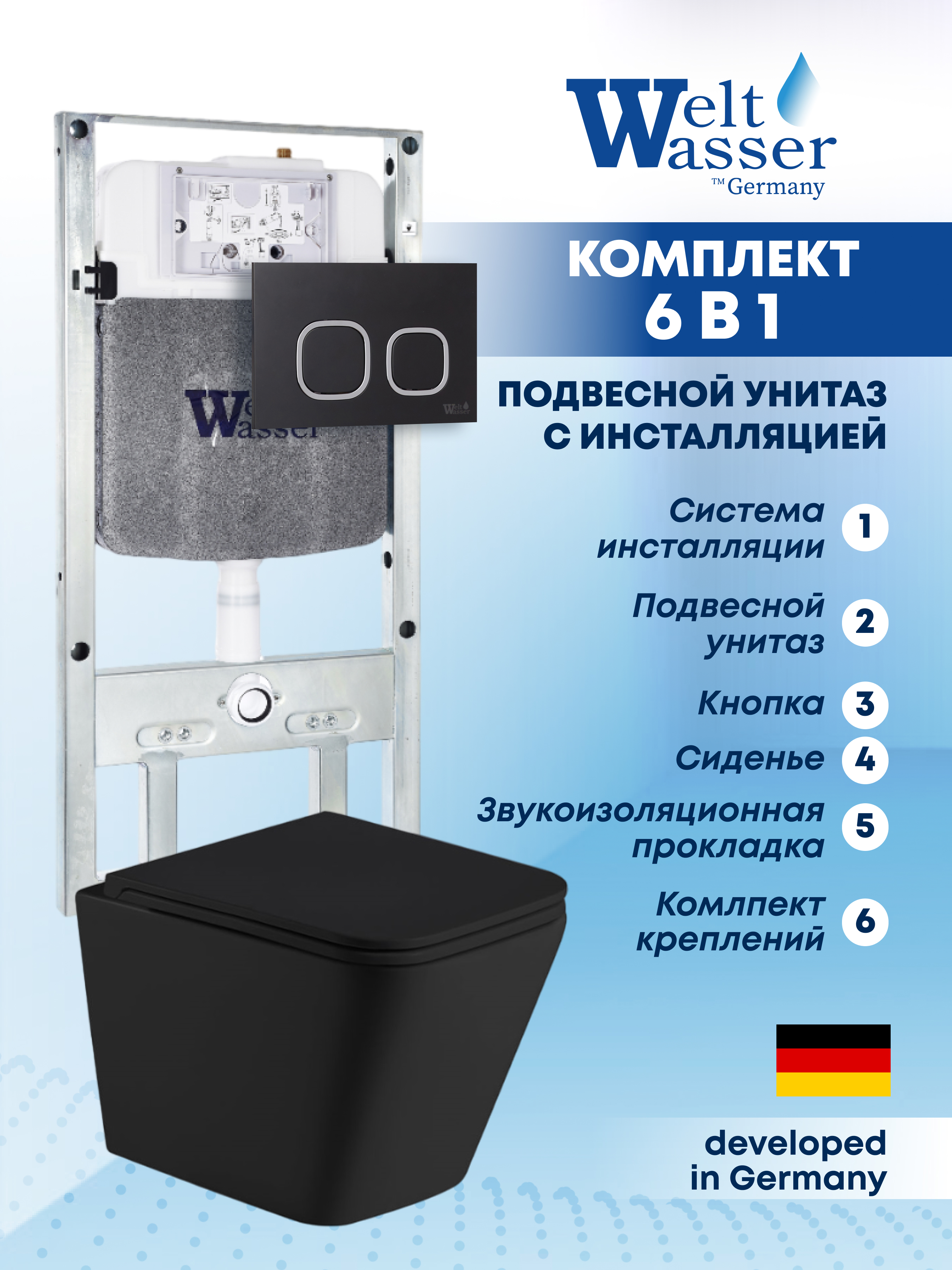 Изображение товара Комплект Weltwasser AG506ST41 6 в 1 подвесной унитаз с инсталляцией и сиденьем черный матовый
