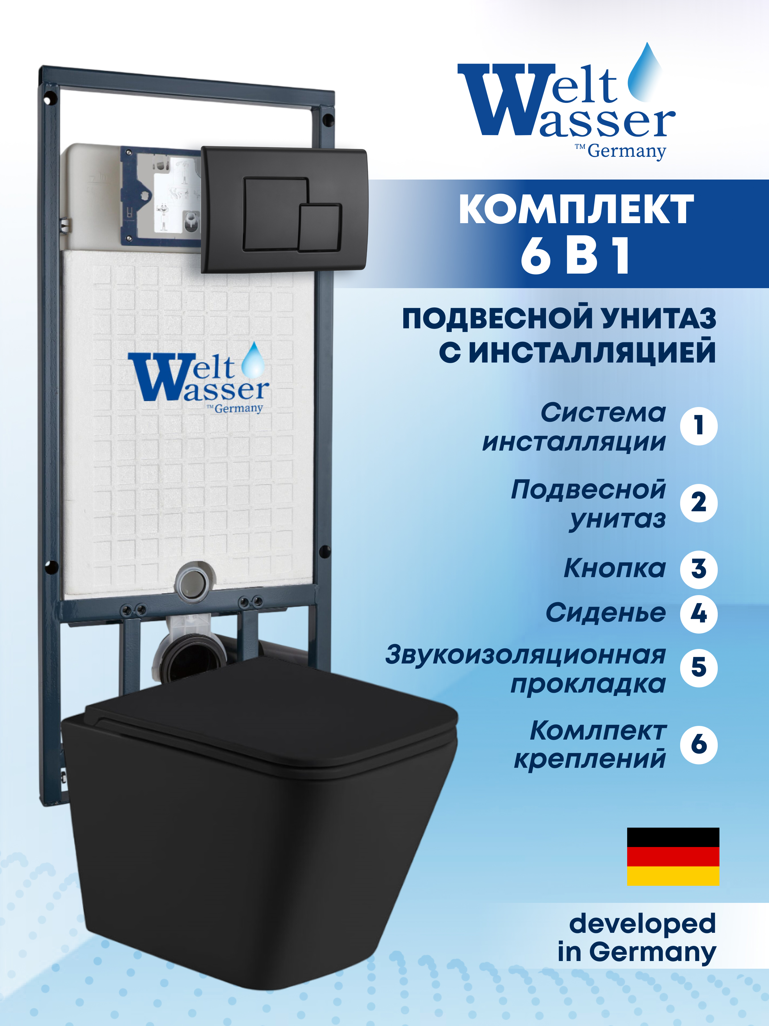 Изображение товара Подвесной унитаз Weltwasser MG50765 6 в 1 черный матовый инсталляция