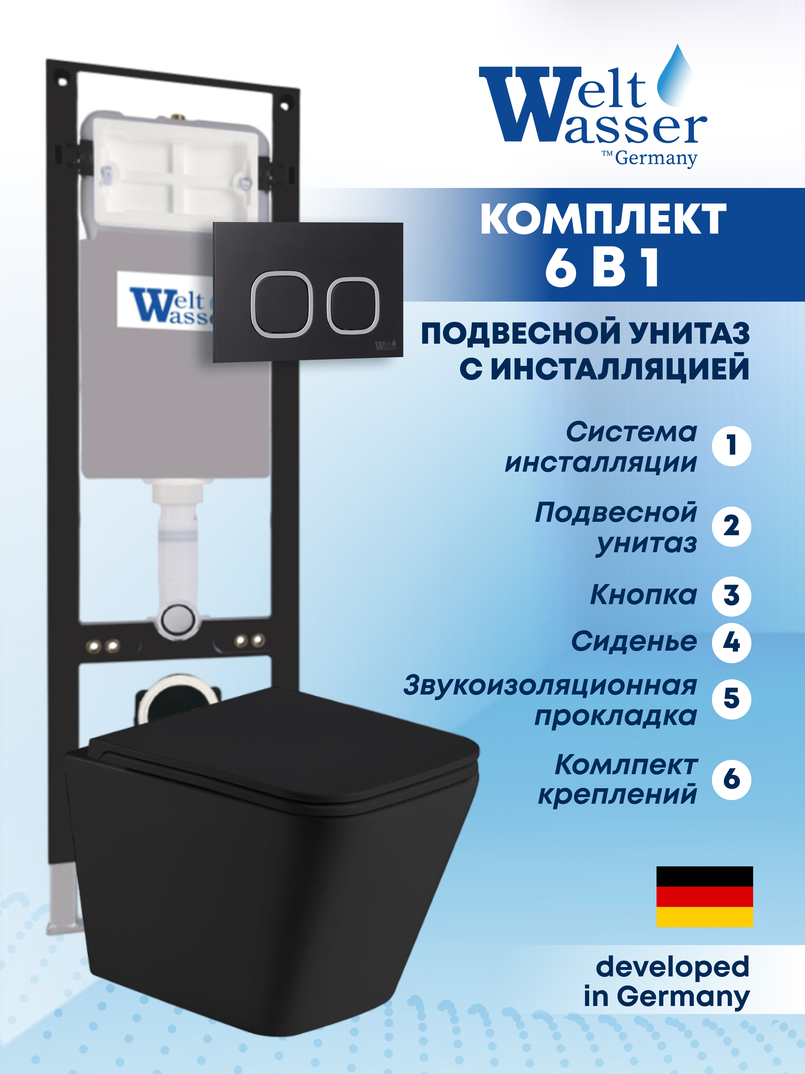 Изображение товара Комплект Weltwasser AG35021 6 в 1 подвесной унитаз черный матовый Германия