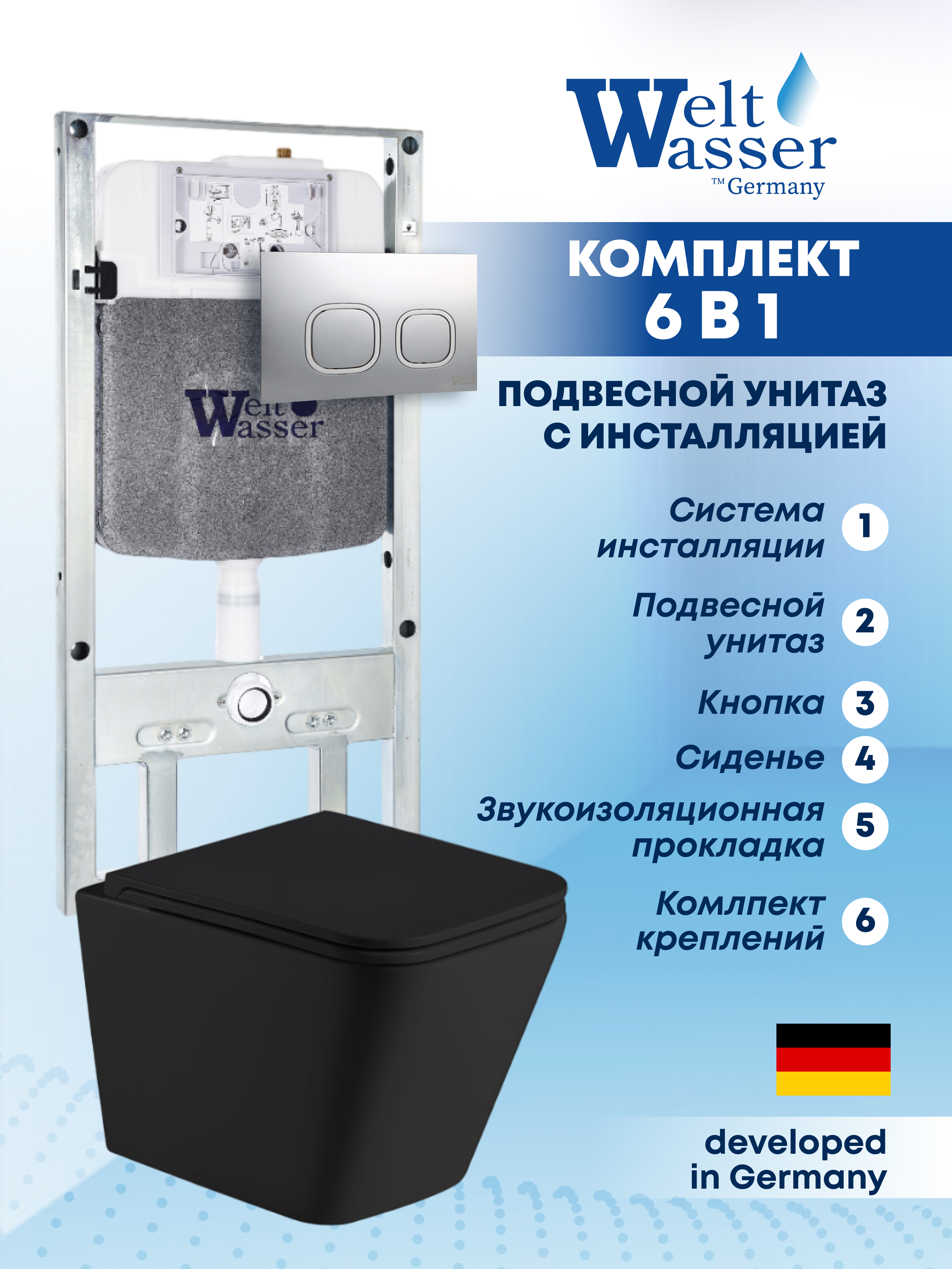 Изображение товара Подвесной унитаз Weltwasser AG506ST42 6 в 1 с инсталляцией и кнопкой смыва черный матовый