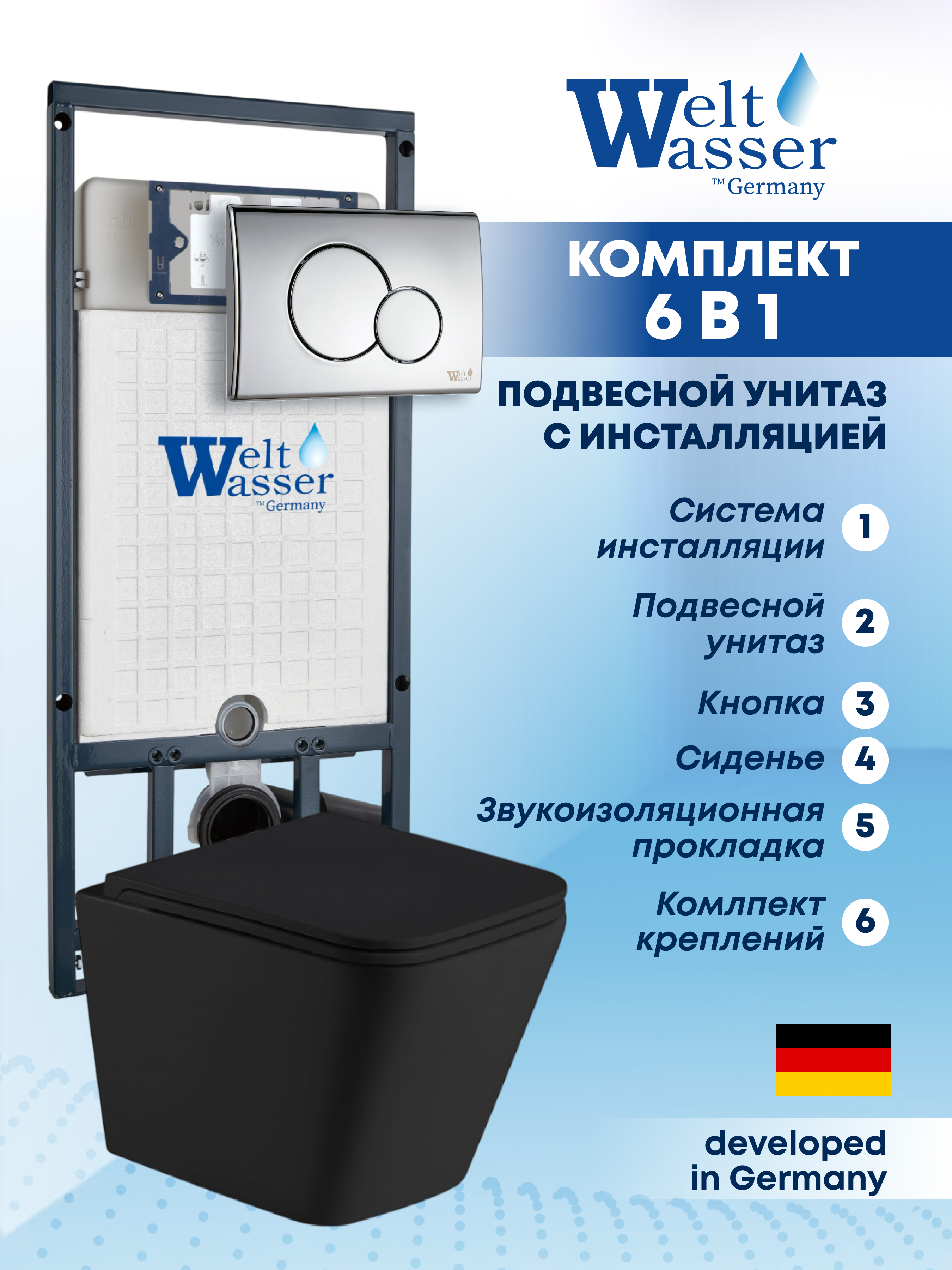 Изображение товара Комплект Weltwasser MG50760 6 в 1: Подвесной унитаз черный матовый, инсталляция, кнопка хром глянцевая круглая