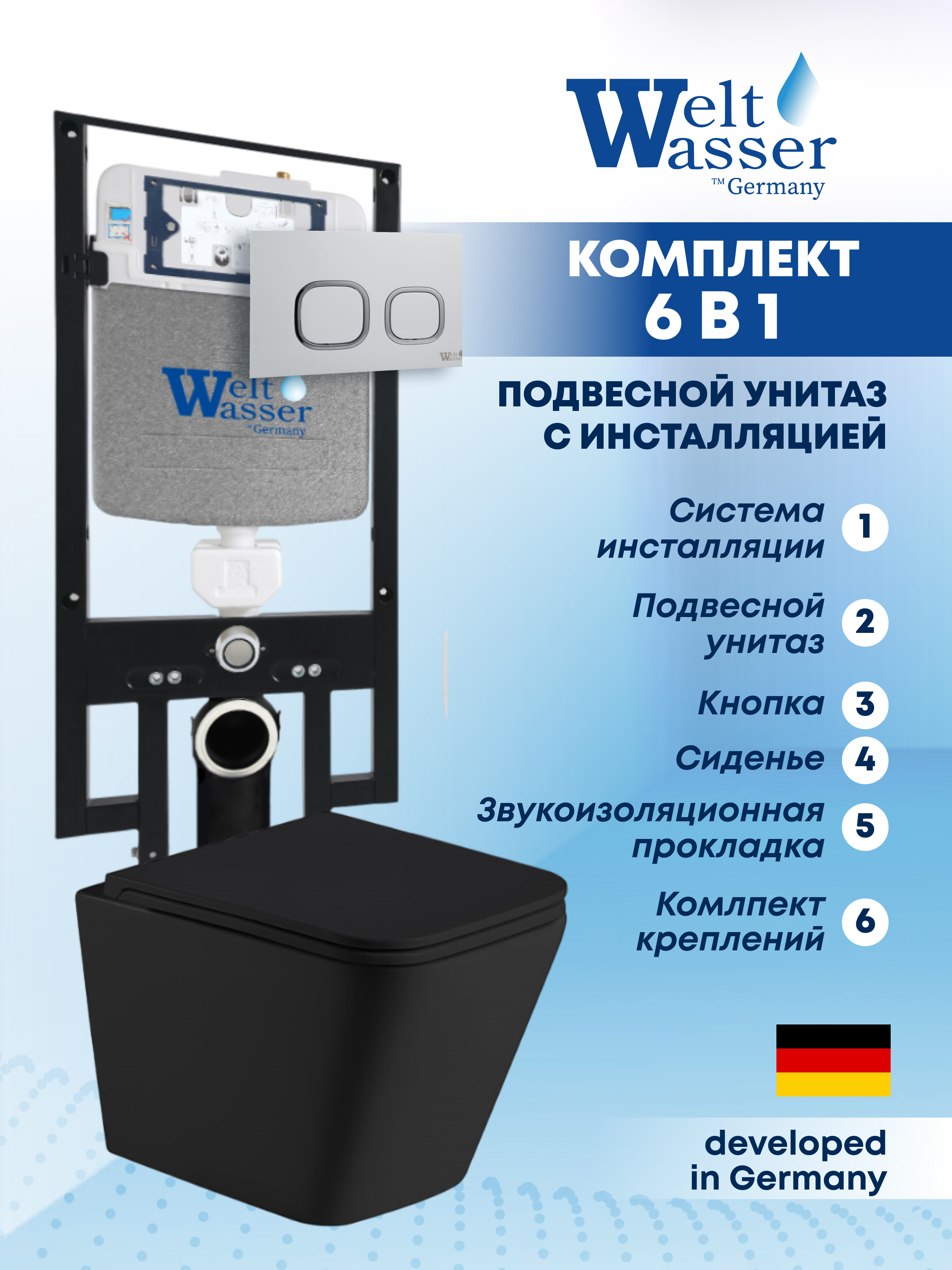 Изображение товара Комплект Weltwasser AG49743 6 в 1 Подвесной унитаз безободковый черный