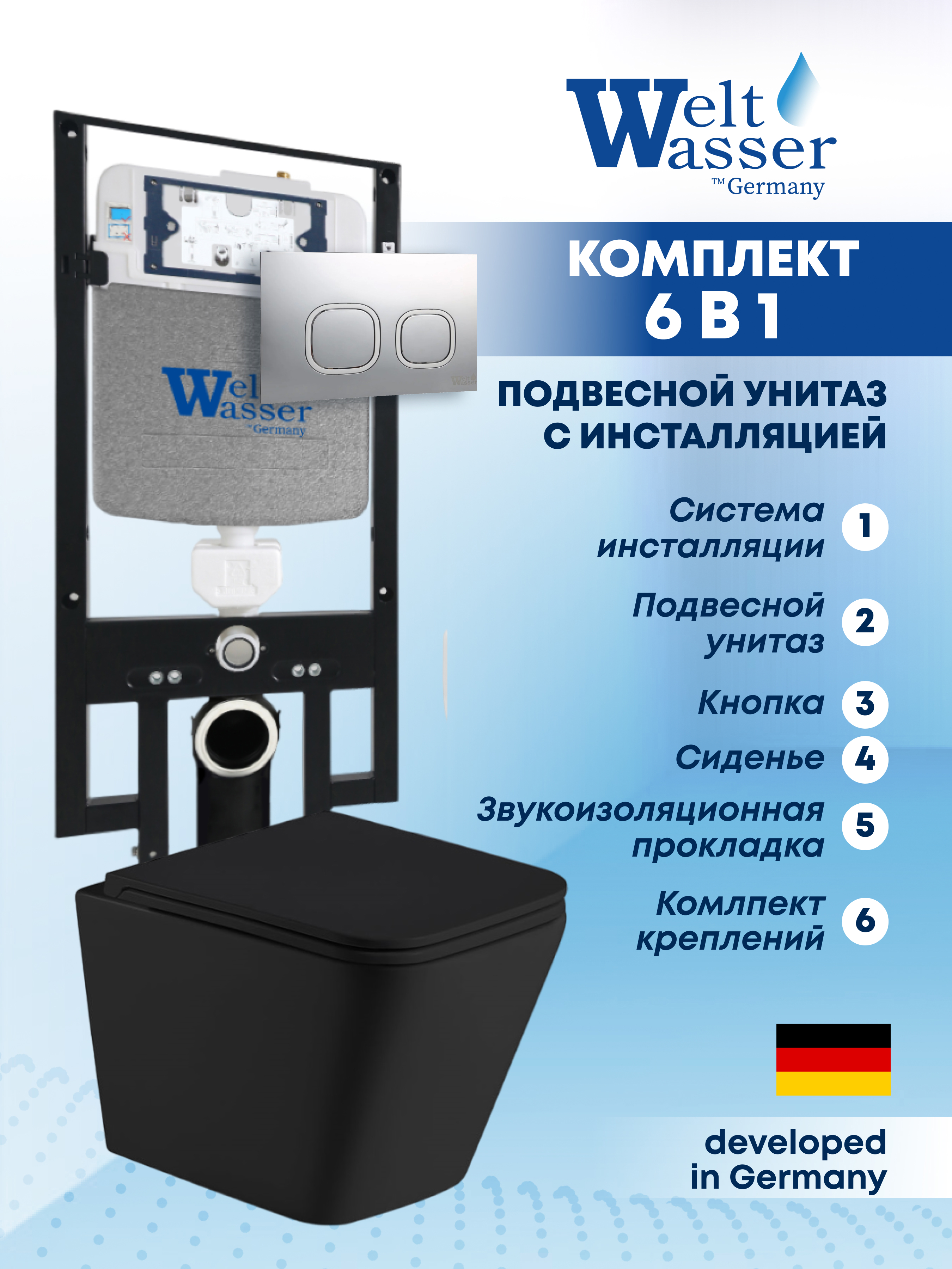 Изображение товара Комплект подвесного унитаза Weltwasser AG49742 черный матовый 6 в 1