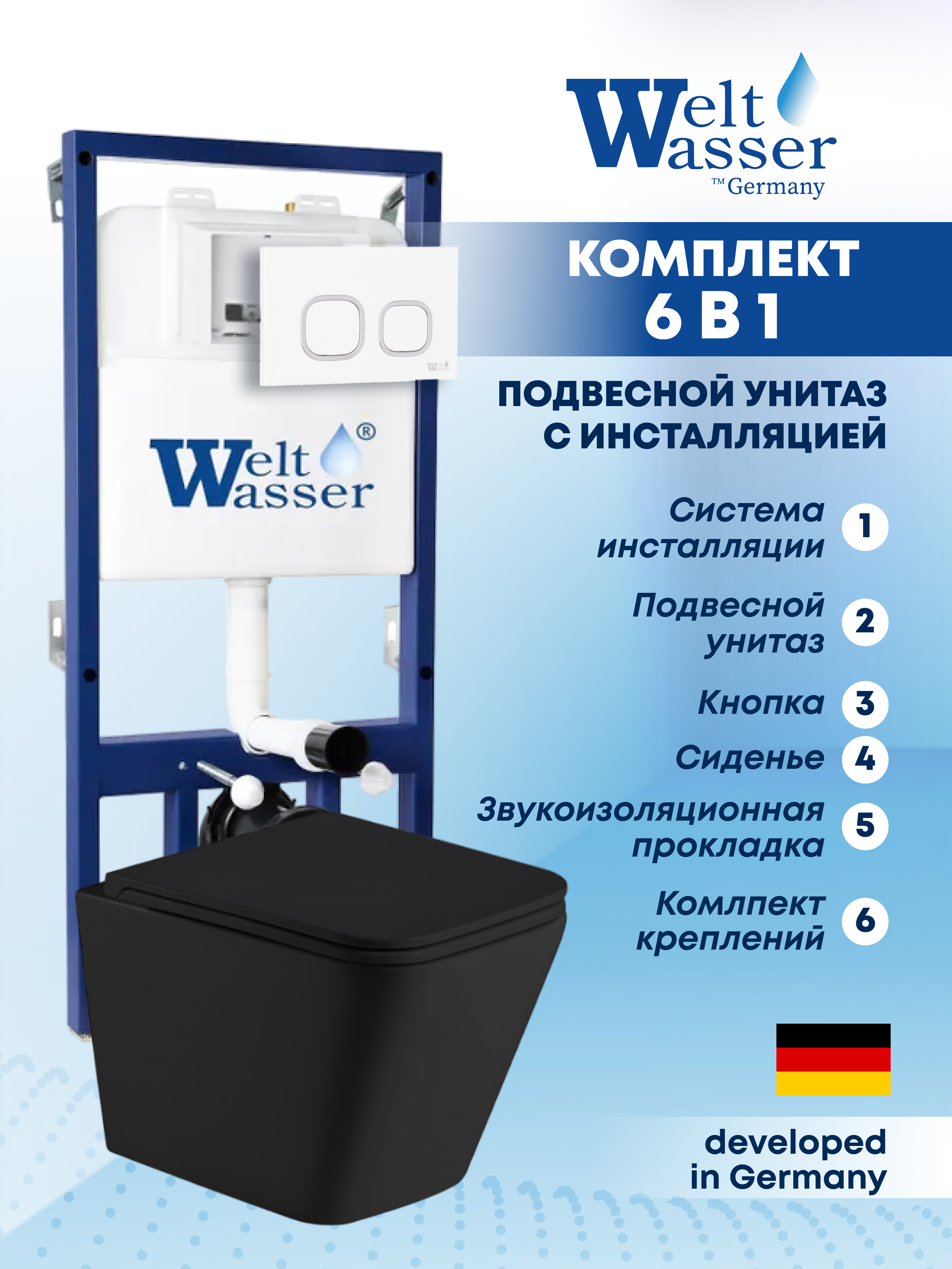 Изображение товара Комплект Weltwasser BG52518 6 в 1: Подвесной унитаз черный матовый, инсталляция, кнопка белая глянцевая закругленный квадрат