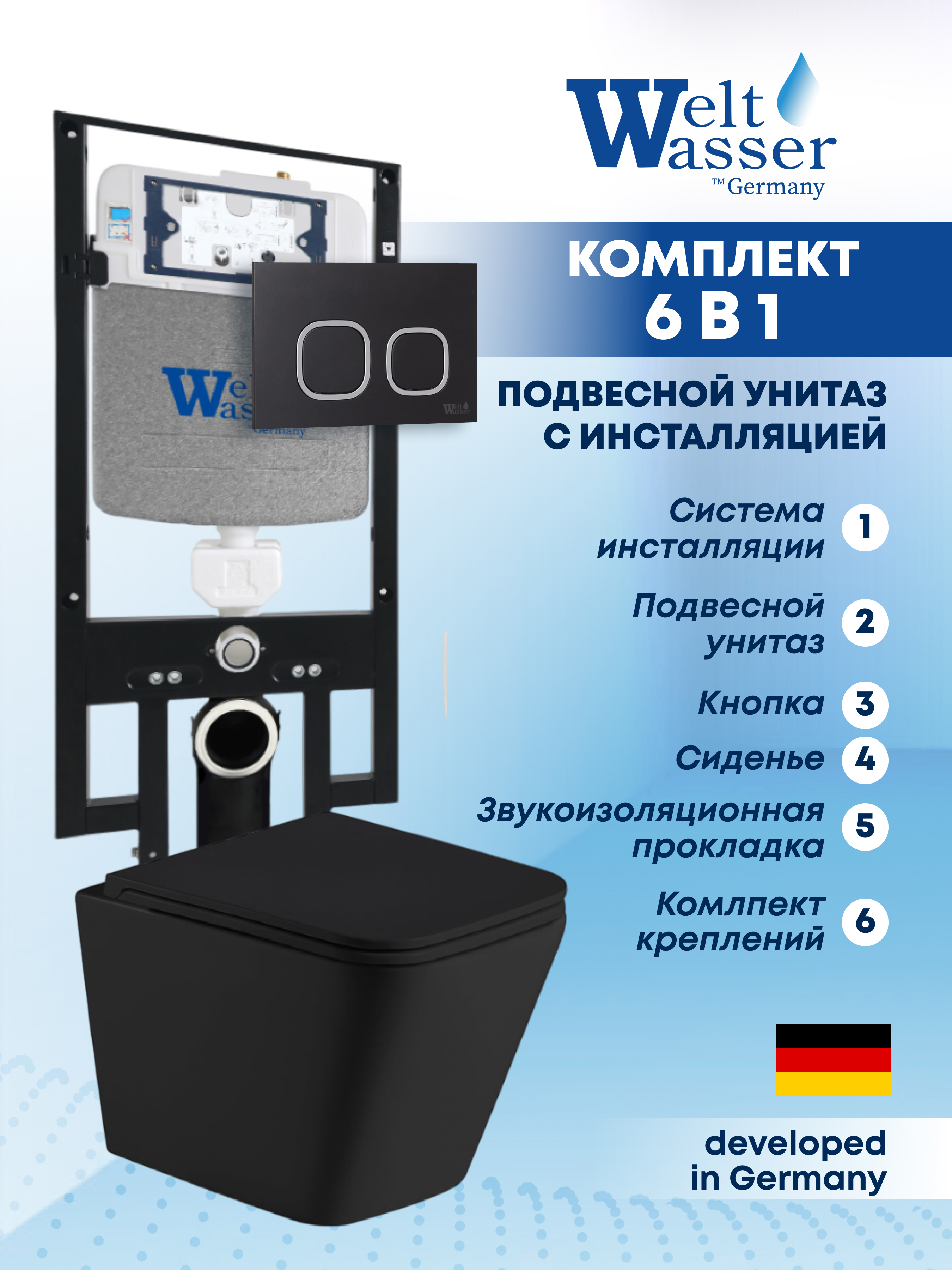 Изображение товара Подвесной унитаз Weltwasser AG49741 6в1 с инсталляцией и кнопкой черный матовый