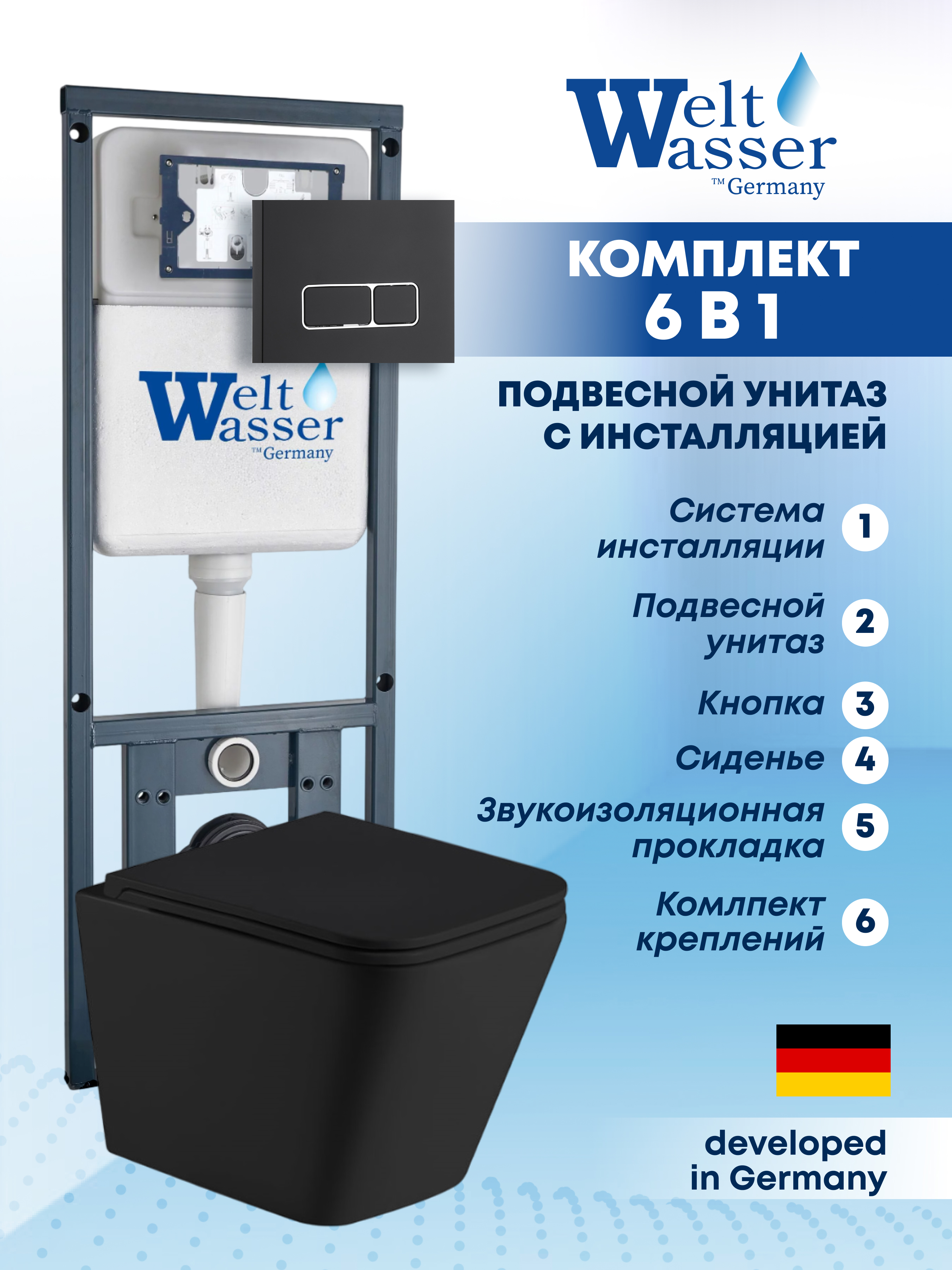 Изображение товара Комплект Weltwasser MG41065 6в1 подвесной унитаз черный матовый инсталляция