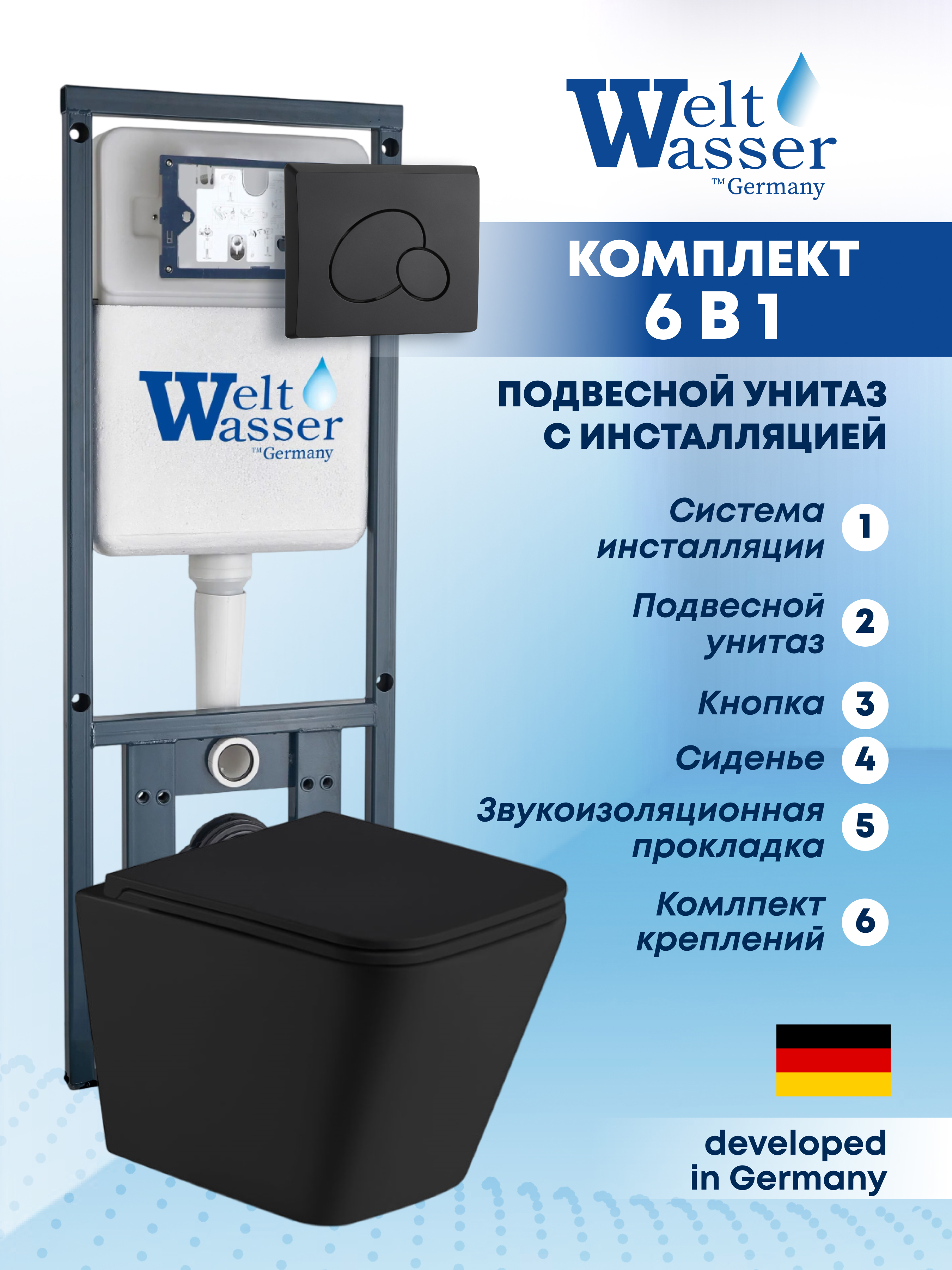 Изображение товара Подвесной унитаз Weltwasser MTBL41062 6 в 1 черный матовый инсталляция