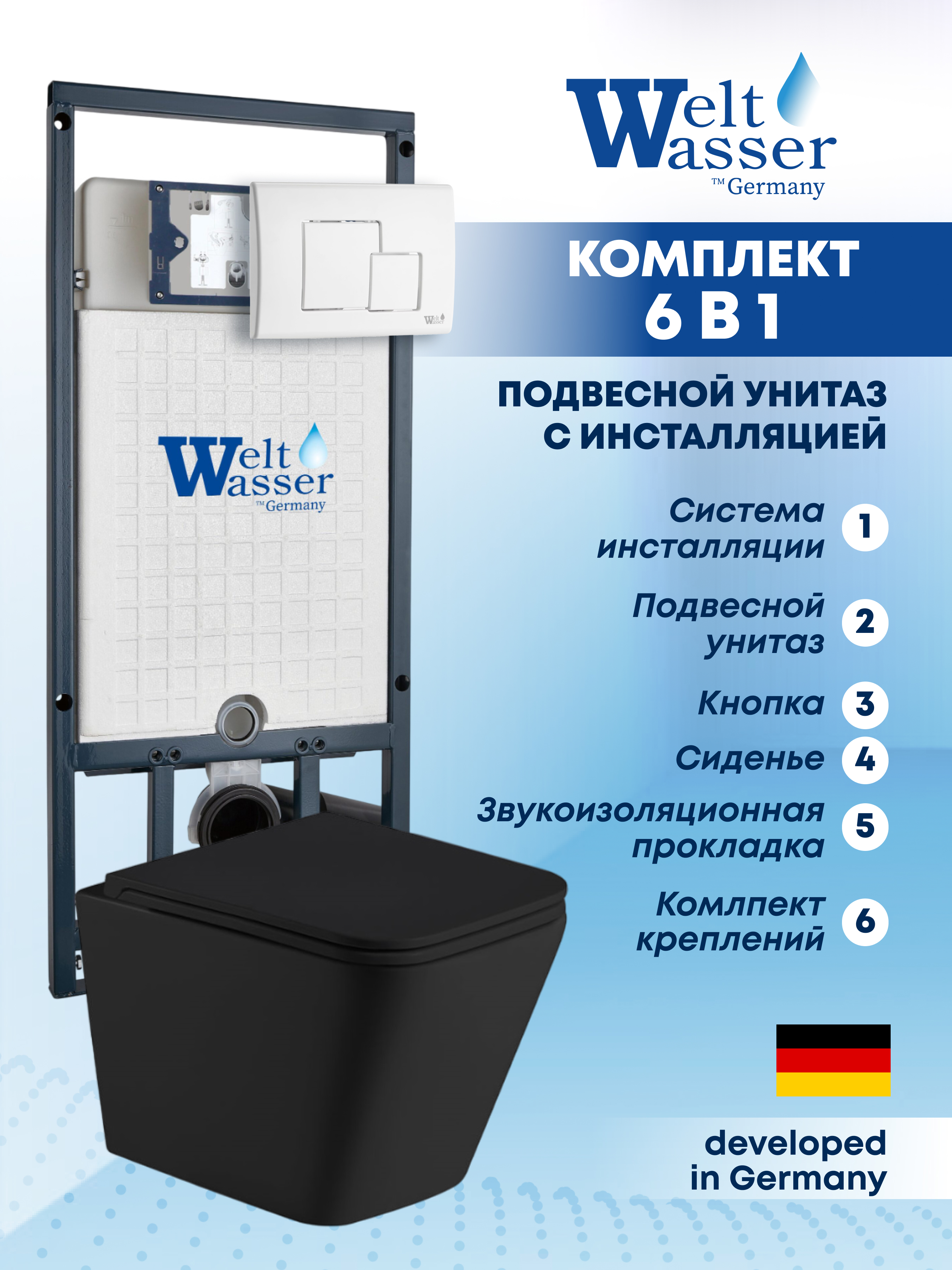 Изображение товара Комплект Weltwasser MG50764 6 в 1: Подвесной унитаз черный матовый, инсталляция, кнопка белая глянцевая квадратная