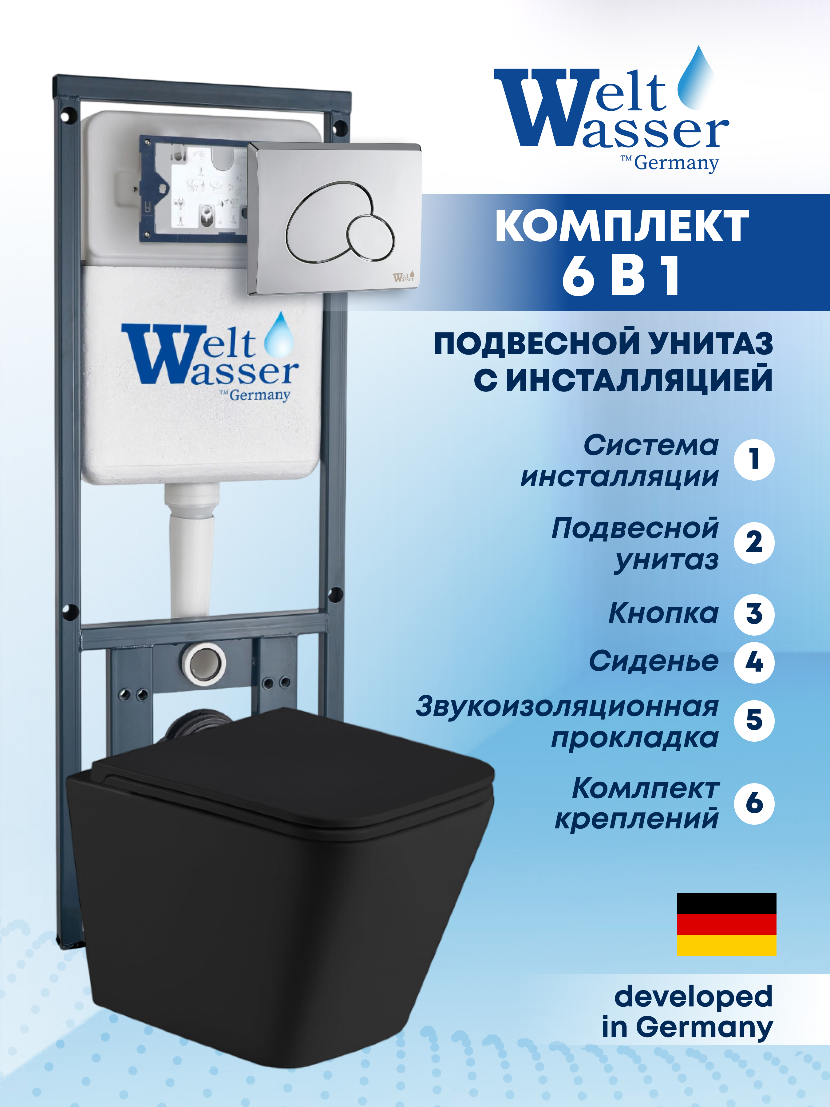 Изображение товара Комплект Weltwasser MG41061 6 в 1 подвесной унитаз черный матовый инсталляция