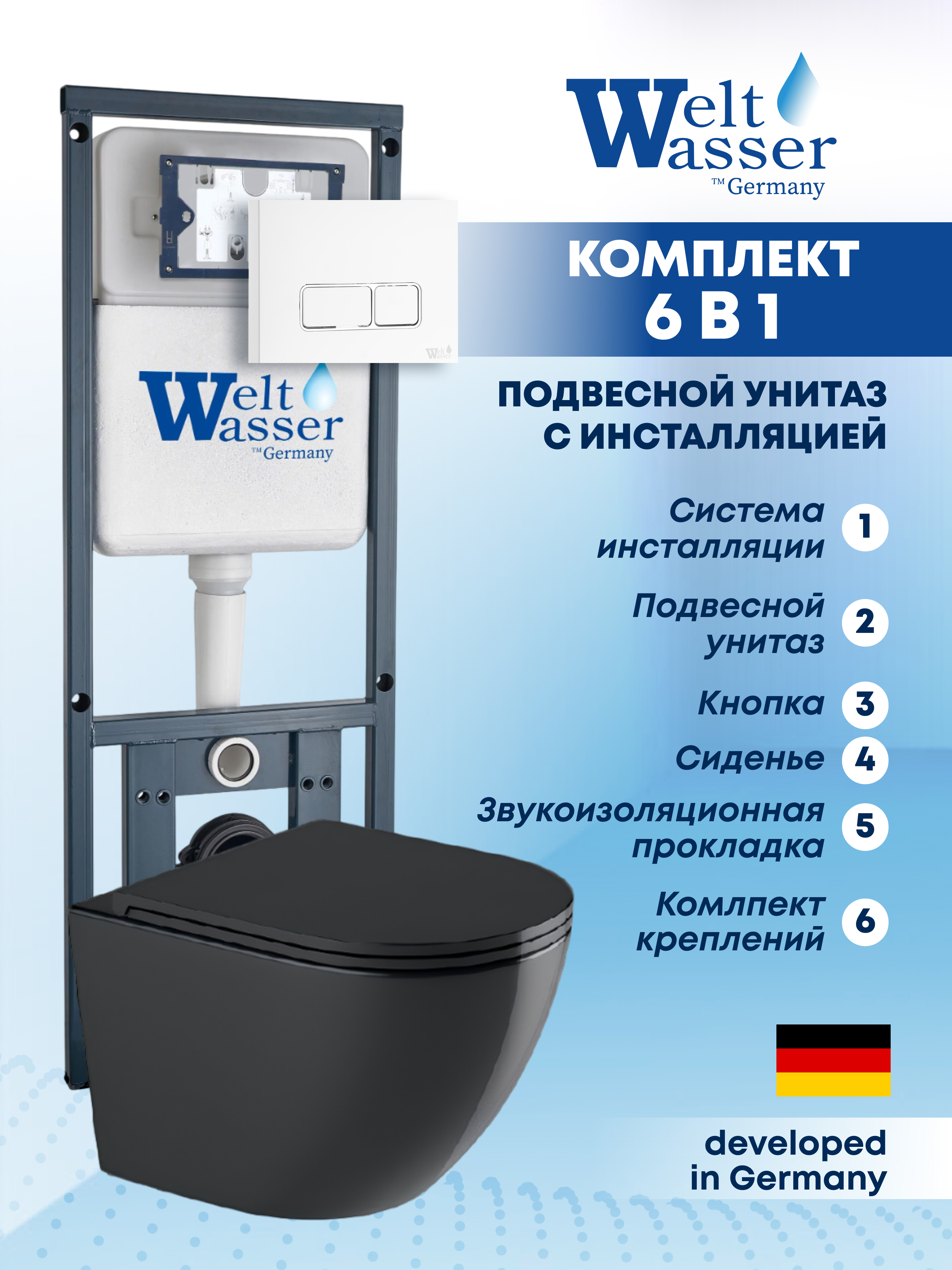 Изображение товара Комплект Weltwasser MM41082 6 в 1: Подвесной унитаз черный глянцевый, инсталляция, кнопка белая глянцевая прямоугольная