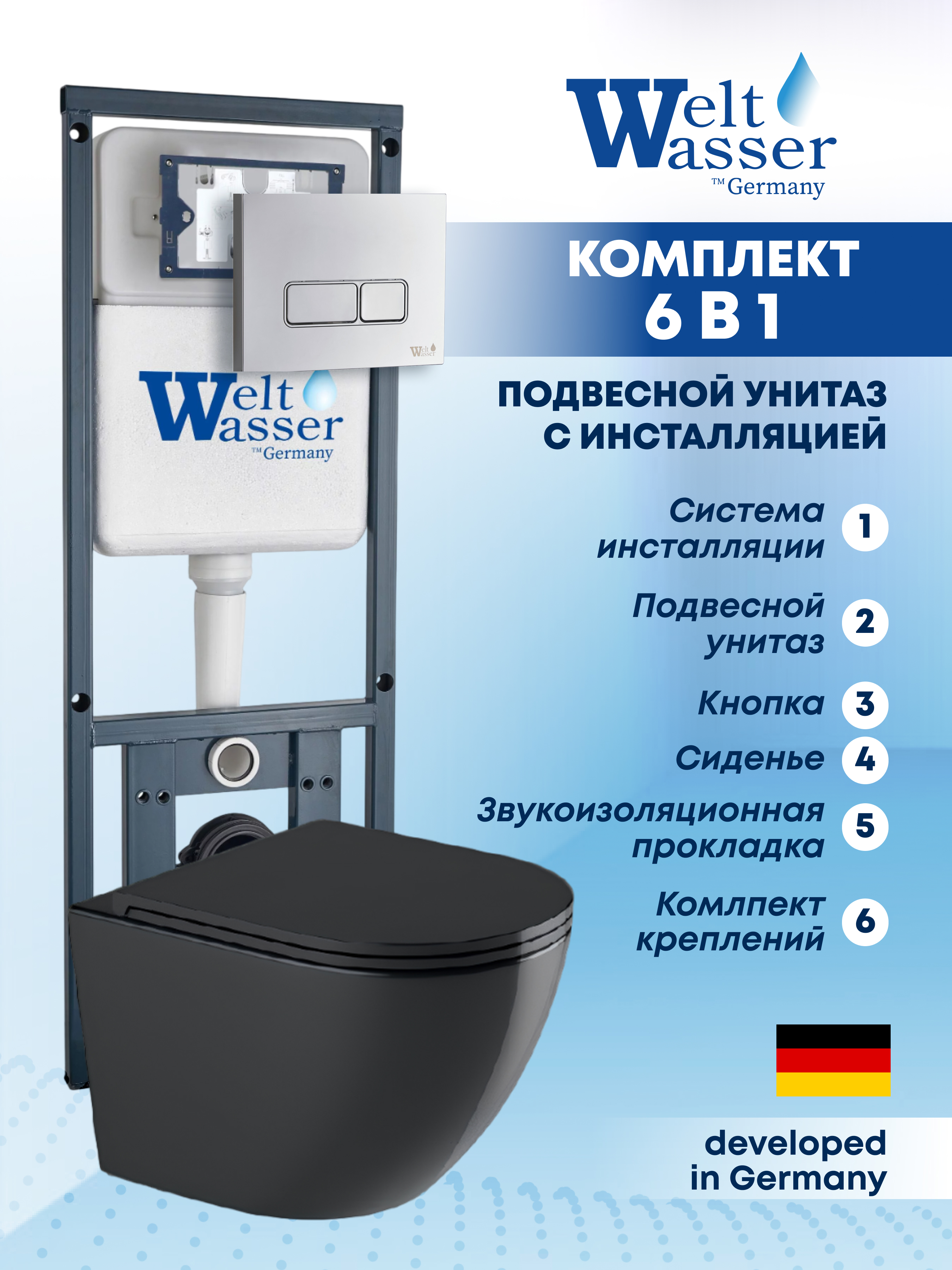 Изображение товара Подвесной унитаз Weltwasser MM41081 6 в 1 черный глянец инсталляция