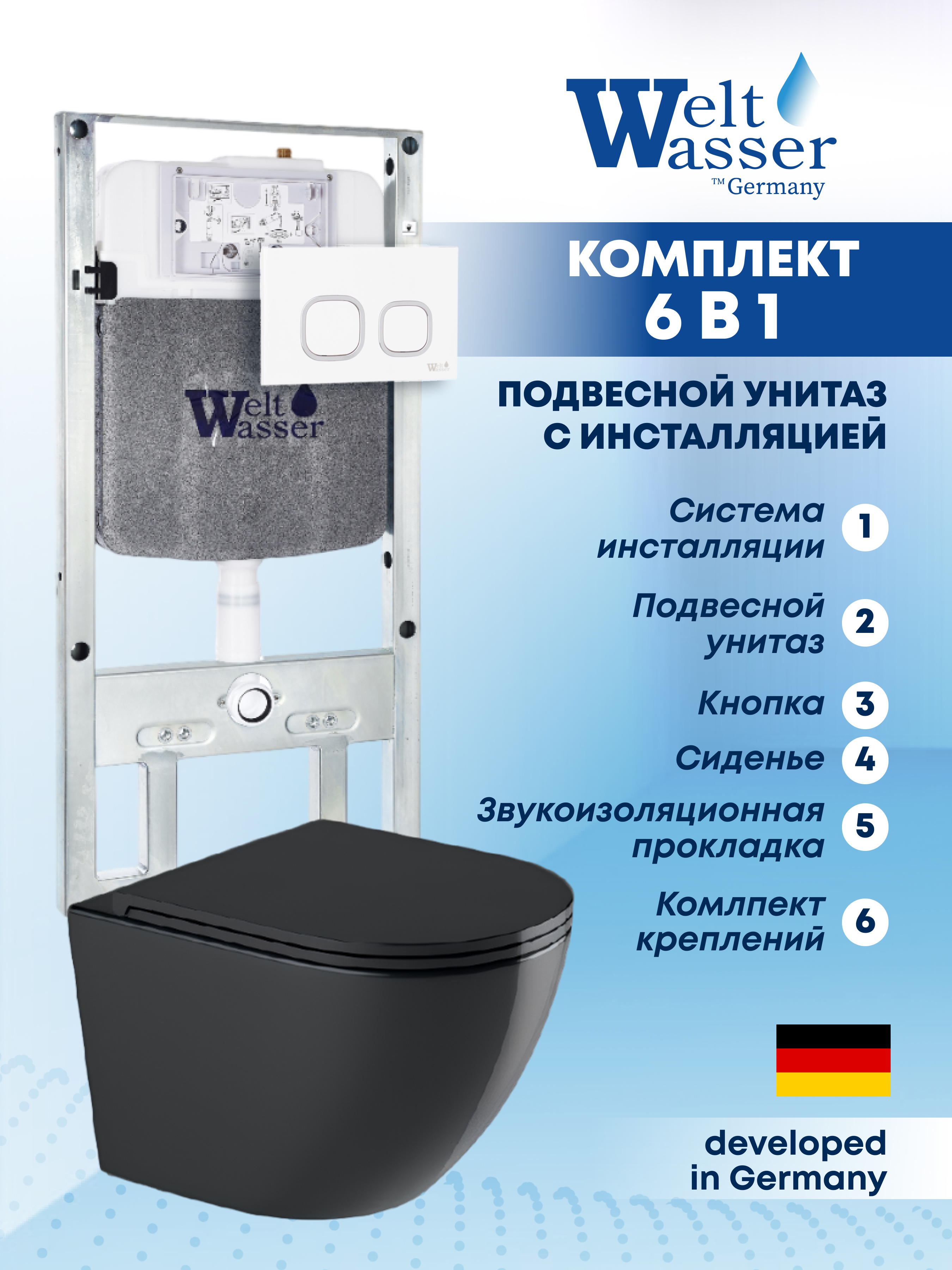 Изображение товара Подвесной унитаз Weltwasser AM506ST64 6 в 1 с черным матовым цветом