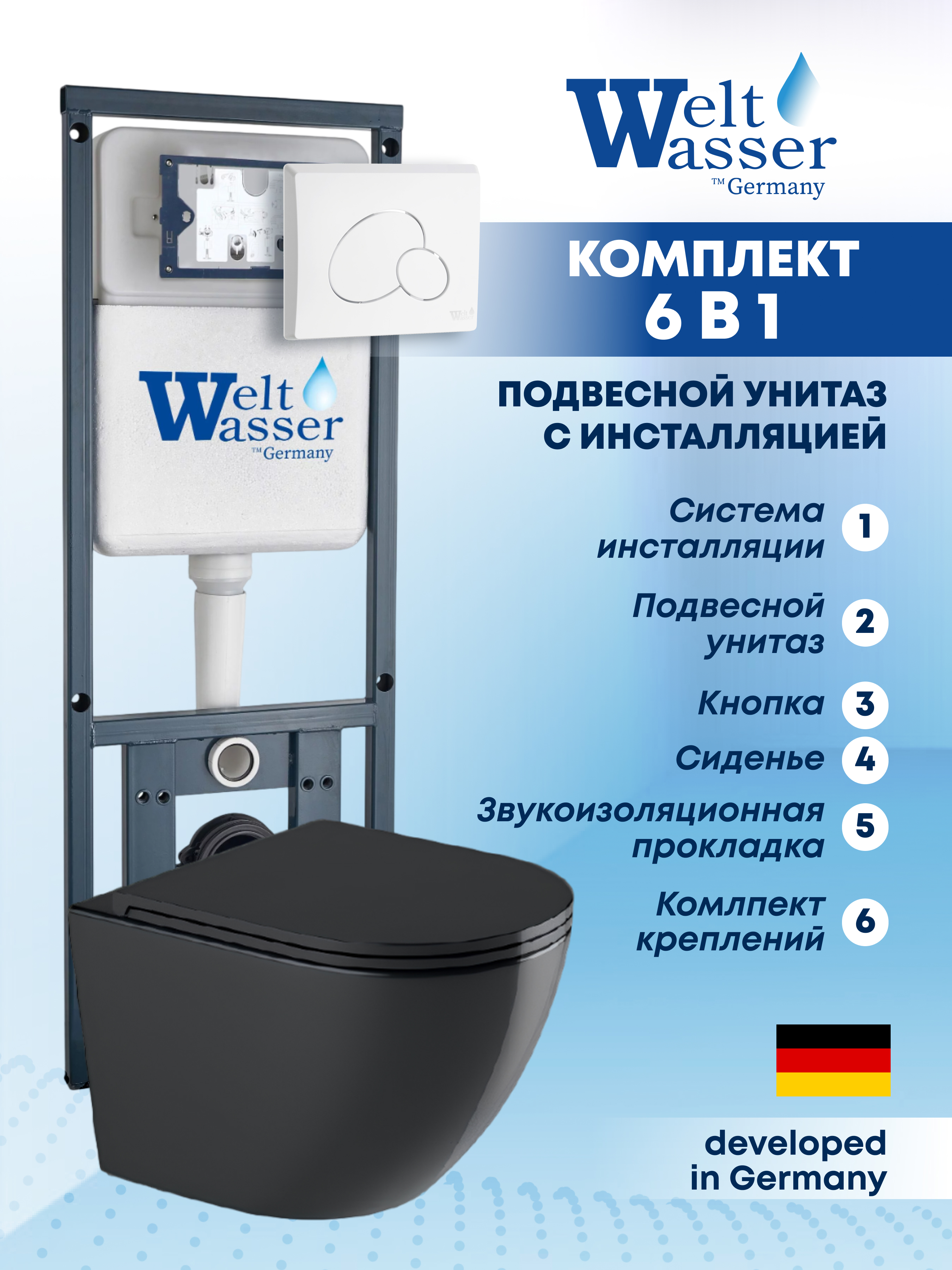 Изображение товара Комплект Weltwasser MM41085 6 в 1 подвесной унитаз черный глянец инсталляция