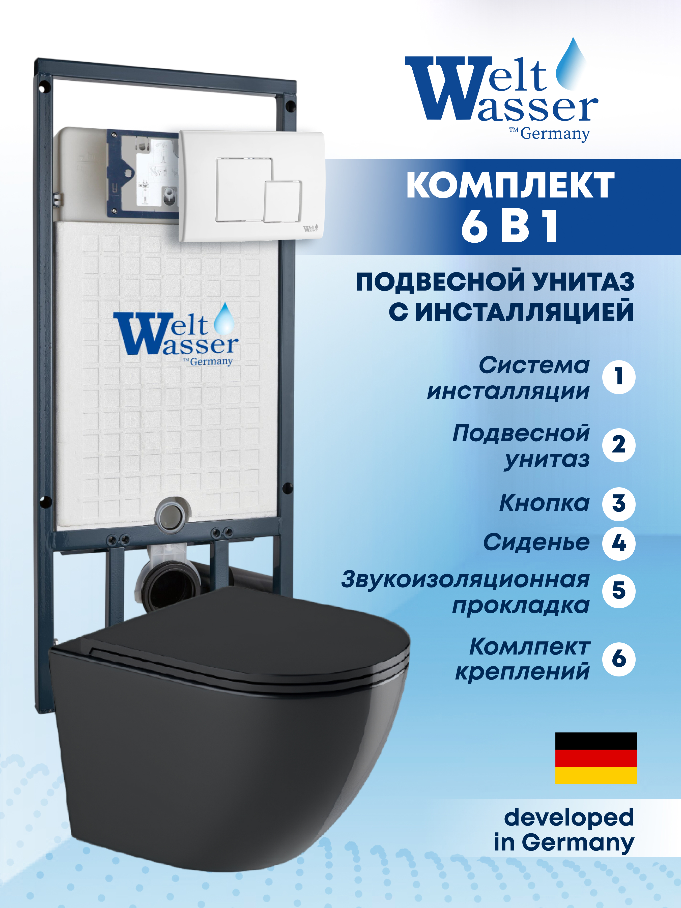Изображение товара Подвесной унитаз Weltwasser MM50785 6 в 1 черный глянцевый с инсталляцией