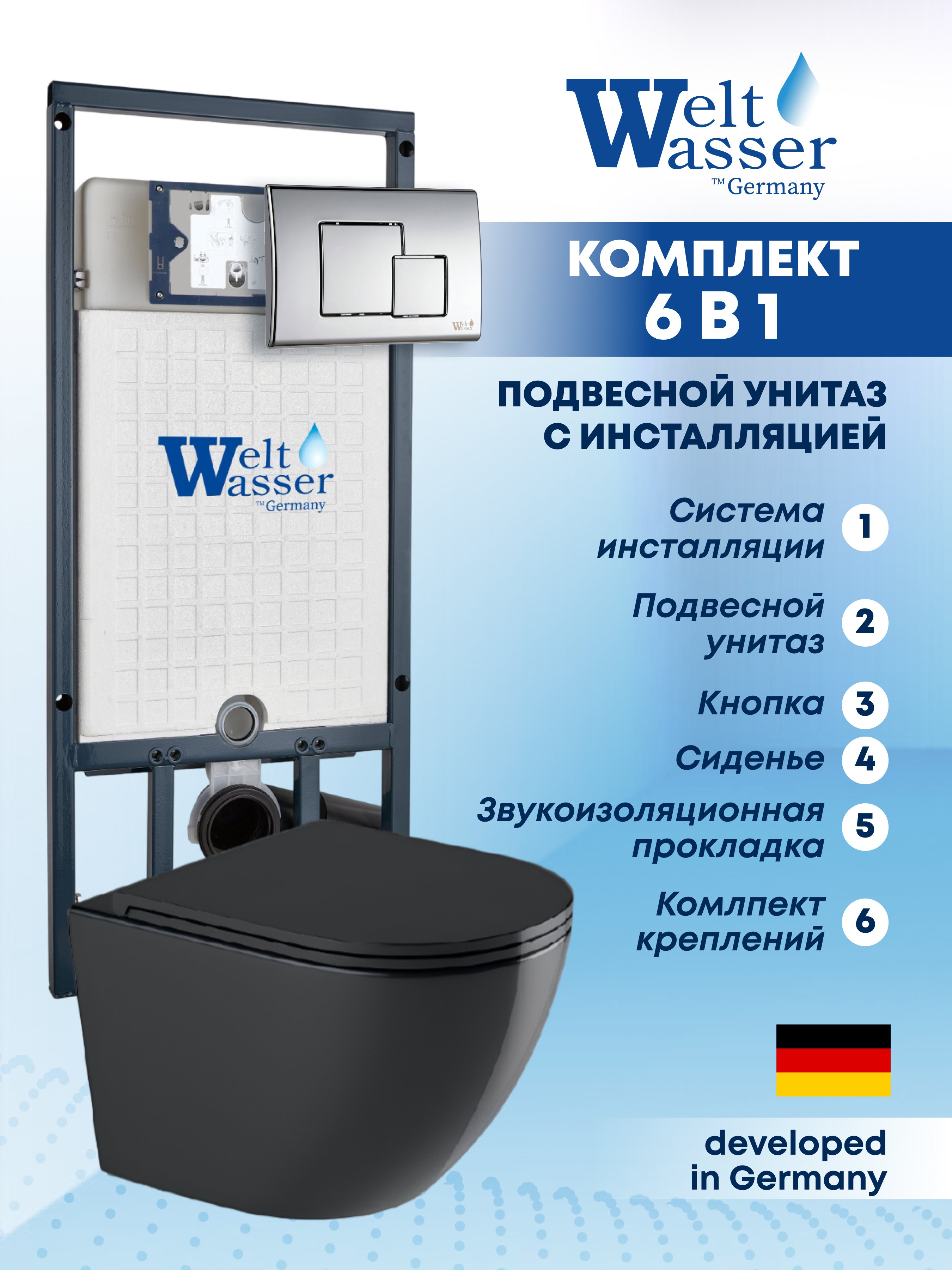 Изображение товара Комплект Weltwasser MM50766 6 в 1: Подвесной унитаз черный матовый, инсталляция, кнопка хром глянцевая квадрат
