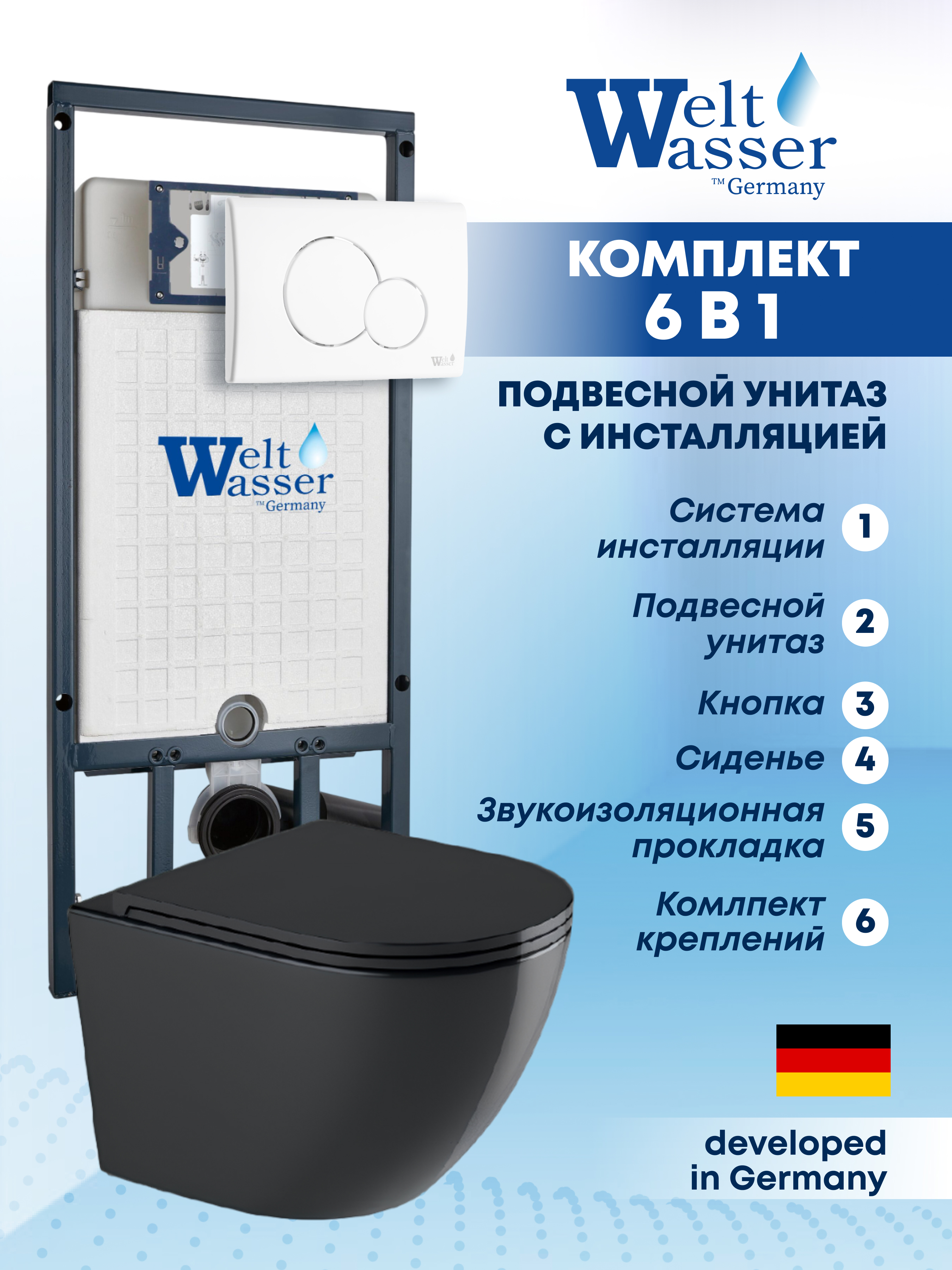 Изображение товара Комплект Weltwasser MM50782 6 в 1: Подвесной унитаз черный глянцевый, инсталляция, кнопка белая глянцевая круглая