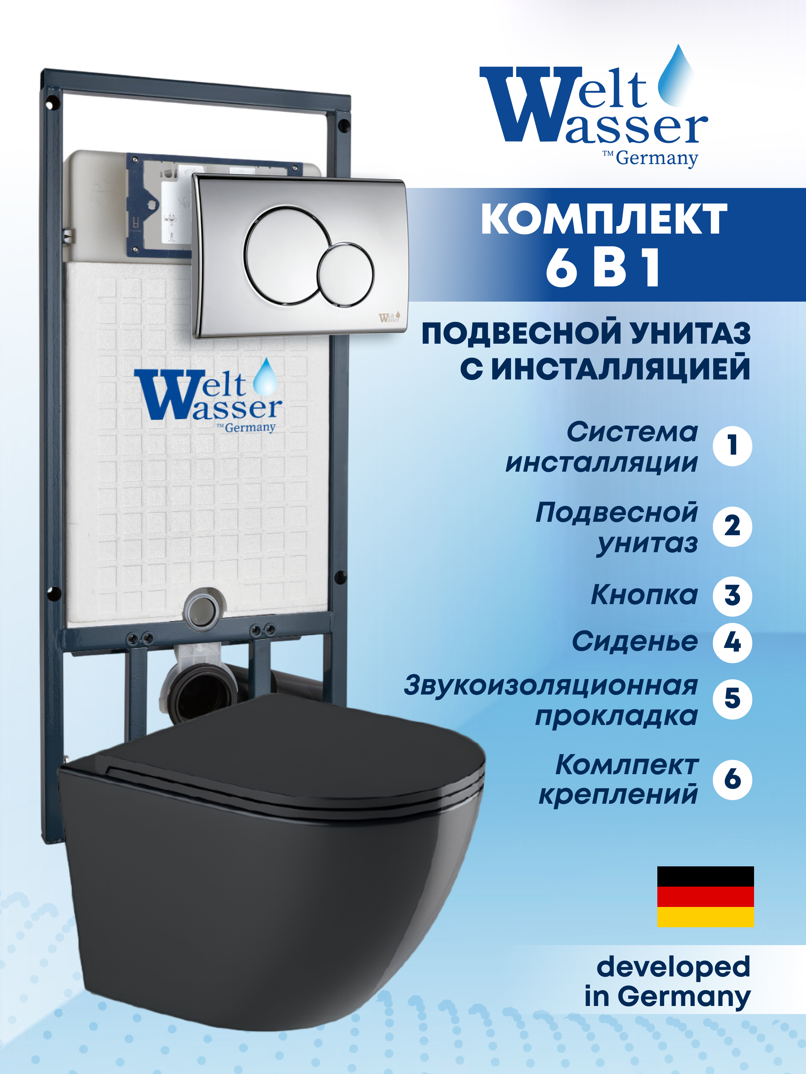 Изображение товара Подвесной унитаз Weltwasser MM50781 6 в 1 черный глянец инсталляция и кнопка