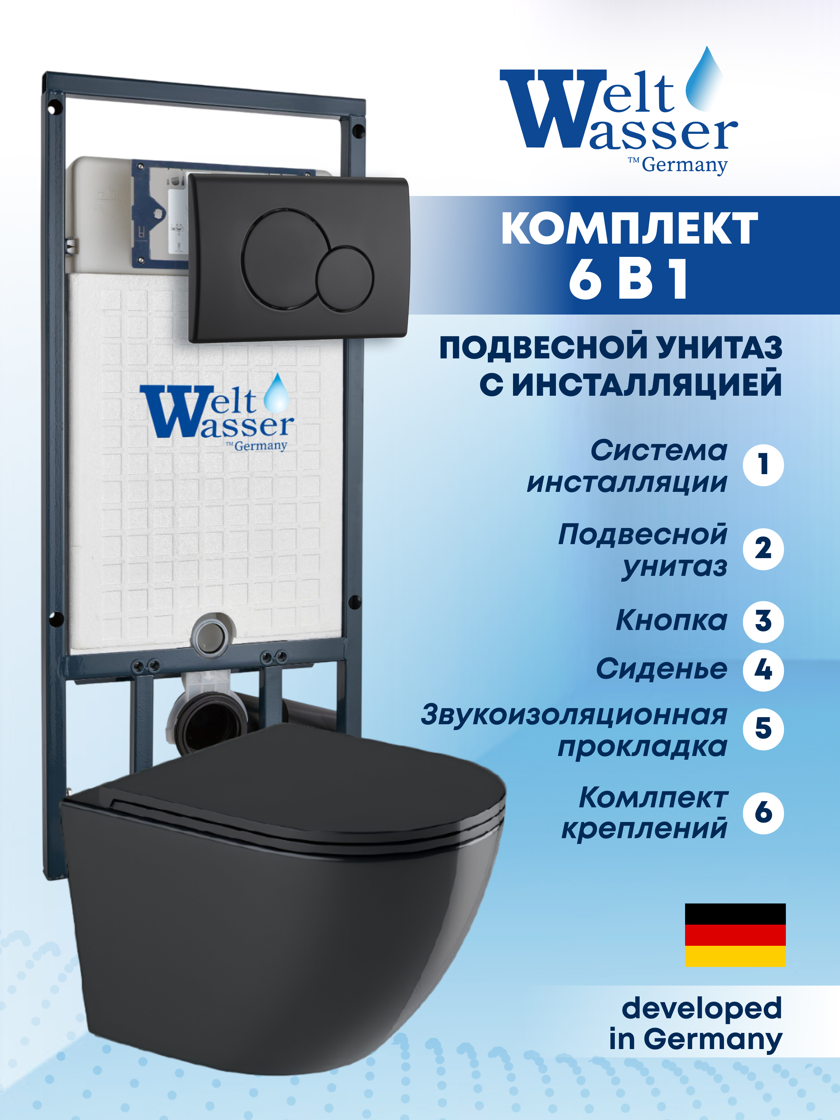 Изображение товара Комплект Weltwasser MM50783 6 в 1 подвесной унитаз с инсталляцией черный глянец