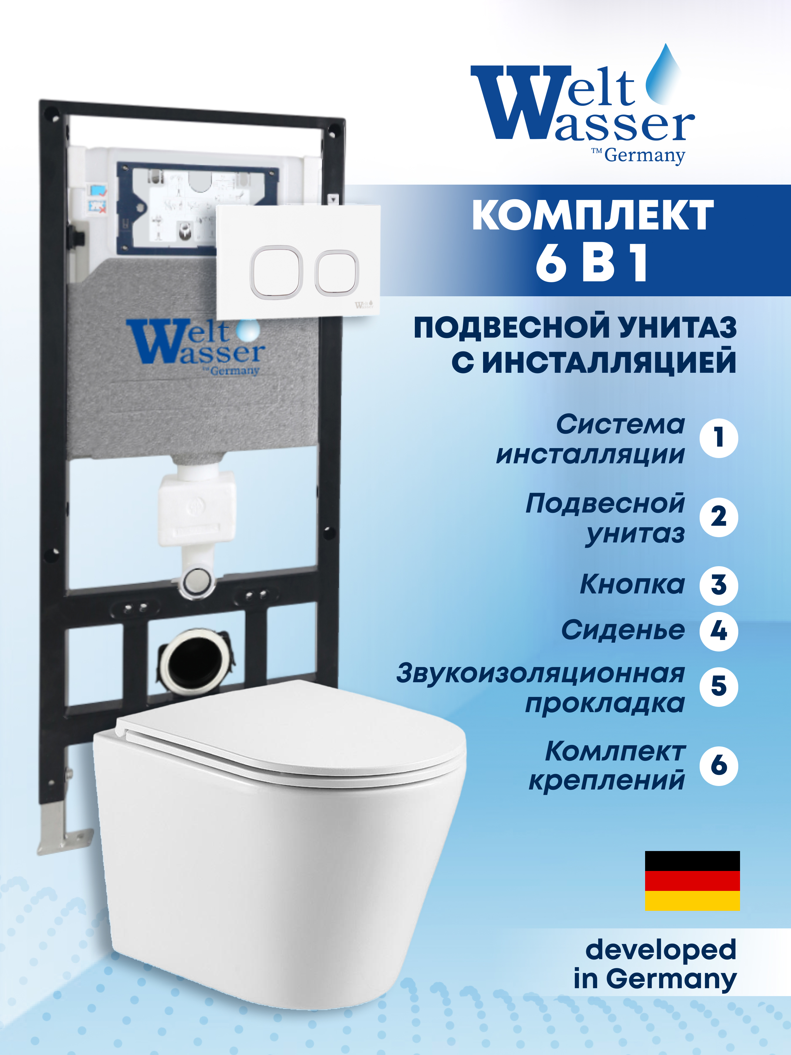 Изображение товара Комплект Weltwasser AS50628 6 в 1 подвесной унитаз безободковый белый инсталляция