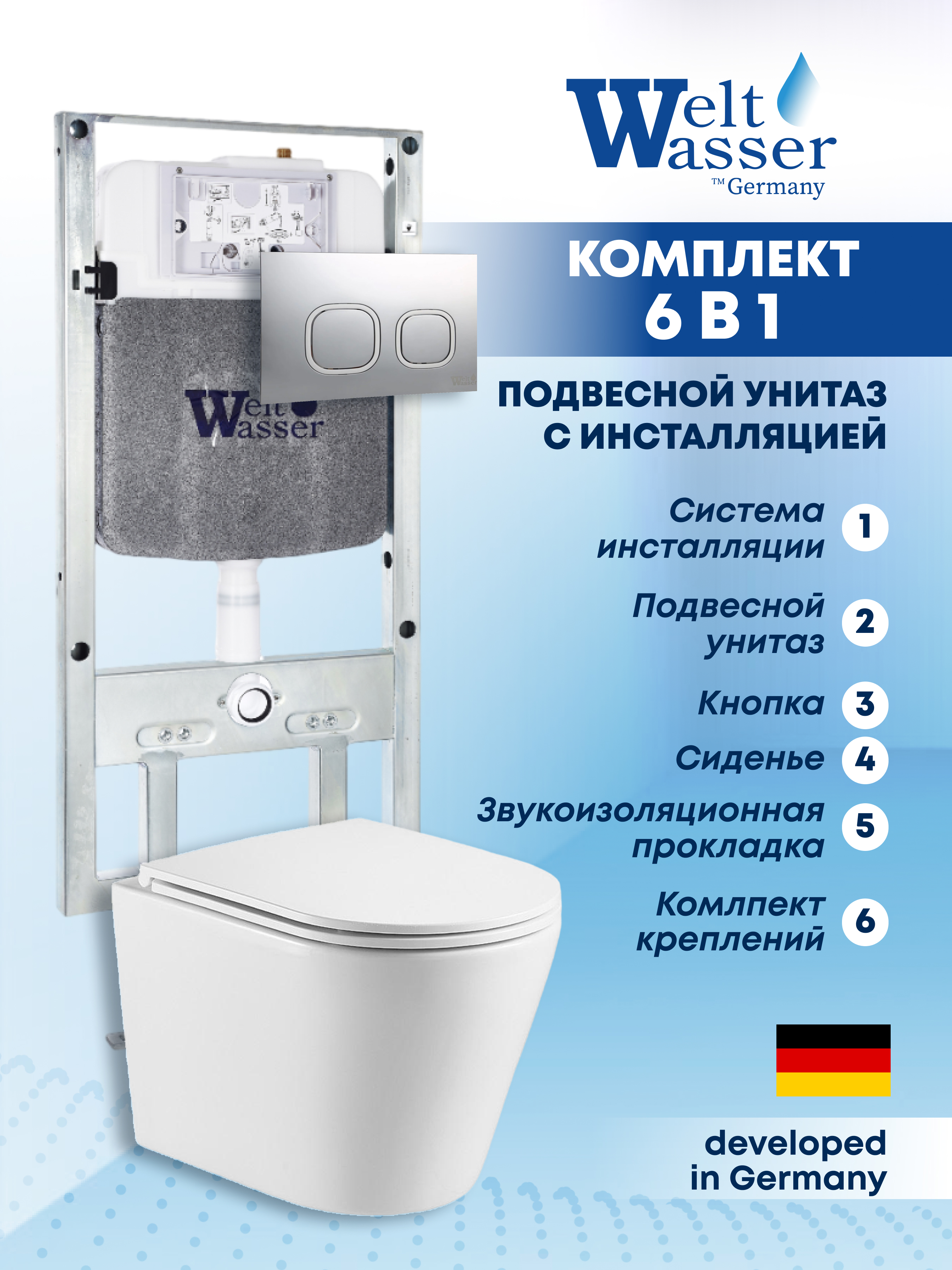 Изображение товара Подвесной унитаз Weltwasser AS506ST26 6 в 1 безободковый с инсталляцией и кнопкой хром