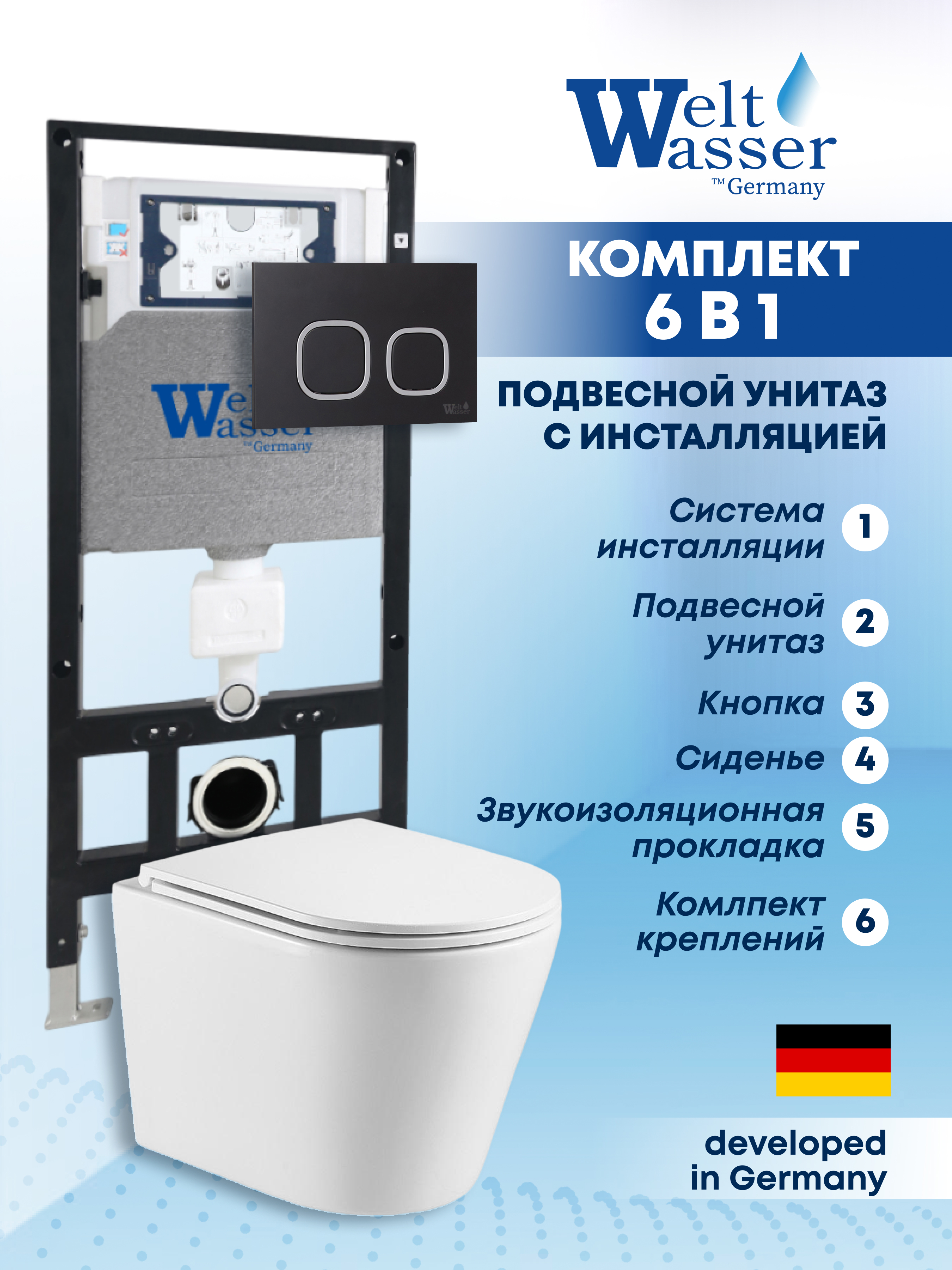 Изображение товара Подвесной унитаз Weltwasser AS50625 6 в 1 Rimless и инсталляция в сборе Германия