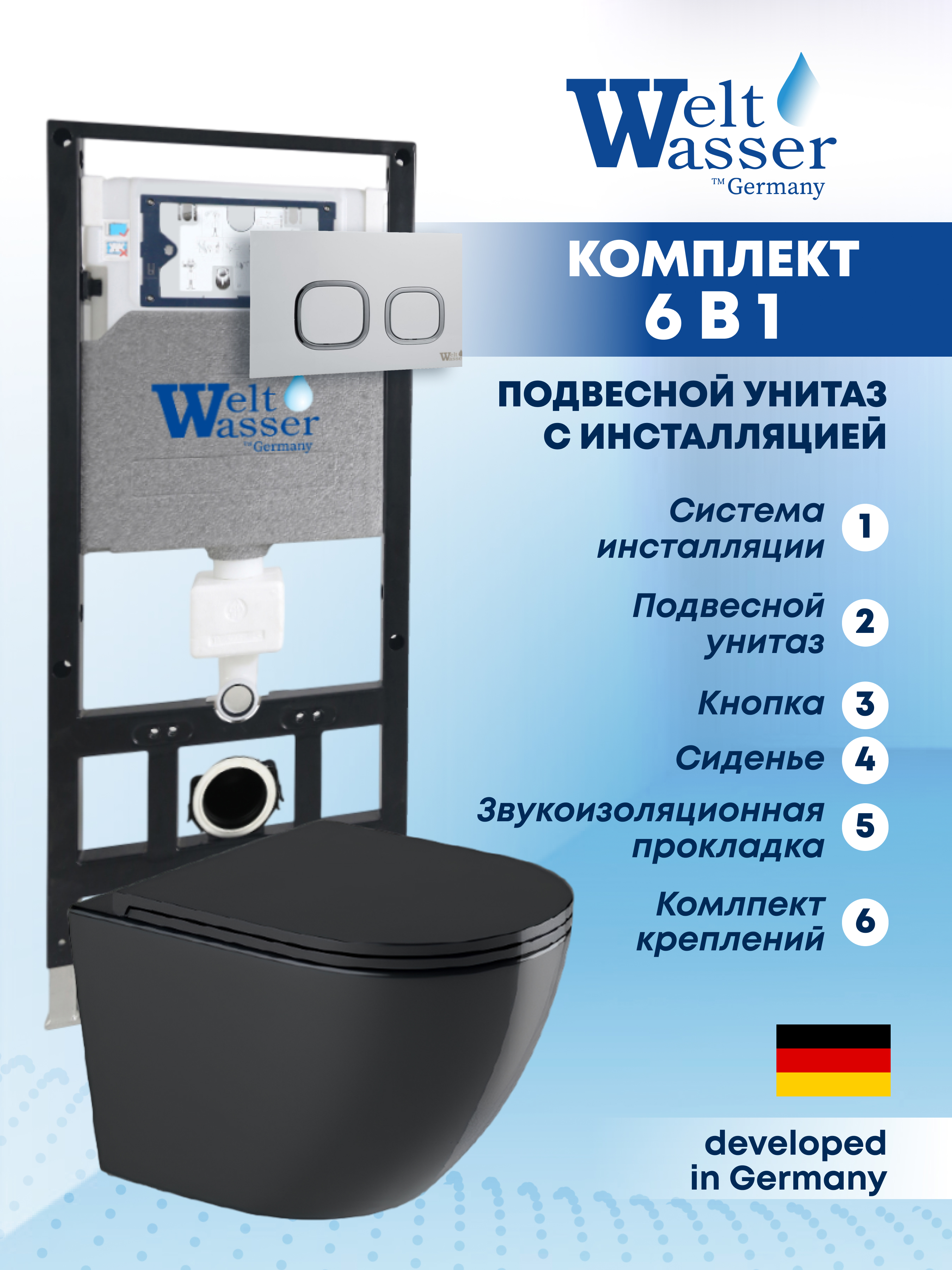 Изображение товара Комплект Weltwasser AM50663 6 в 1 подвесной унитаз с инсталляцией черный матовый